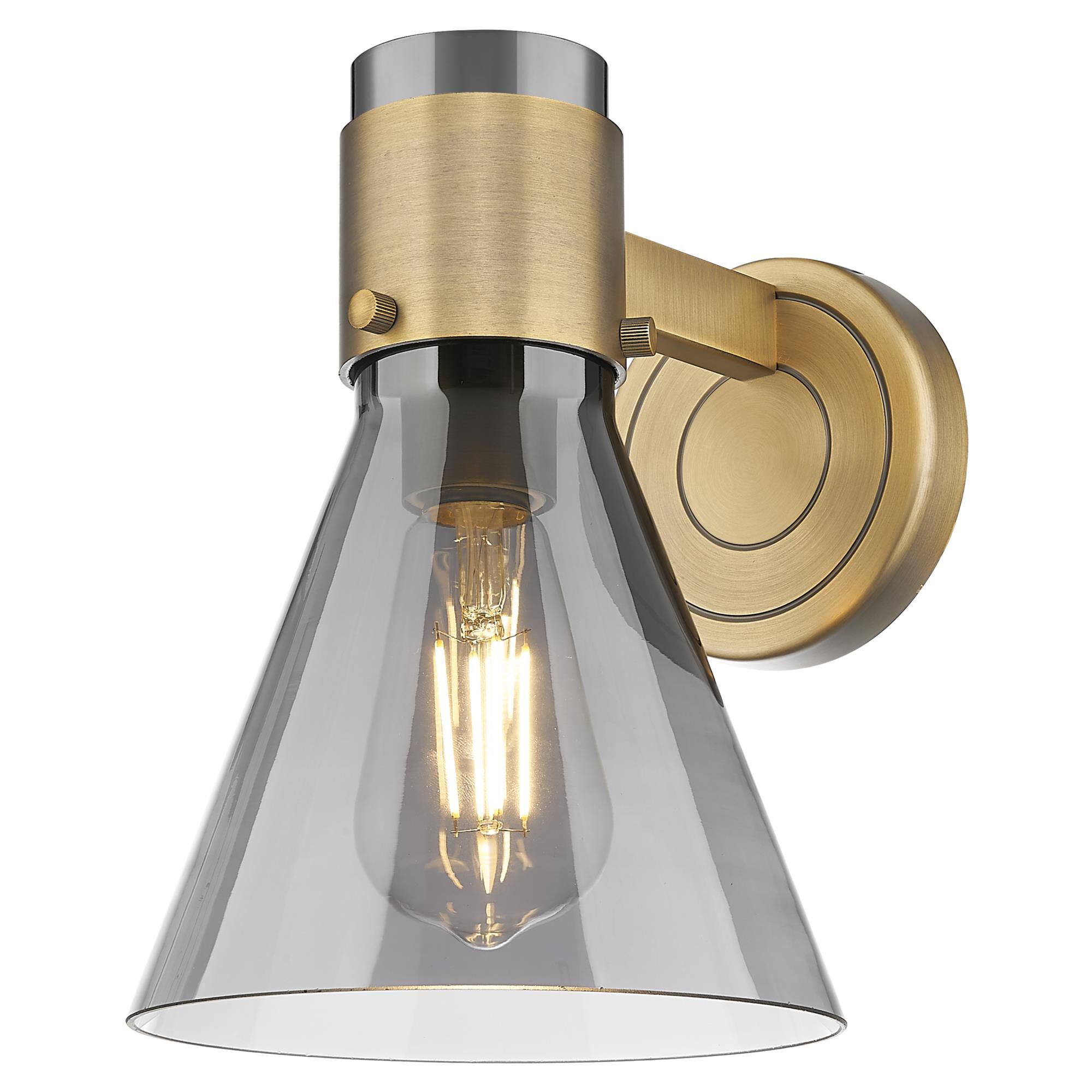 Shown in Brushed Brass finish and Light Smoke glass