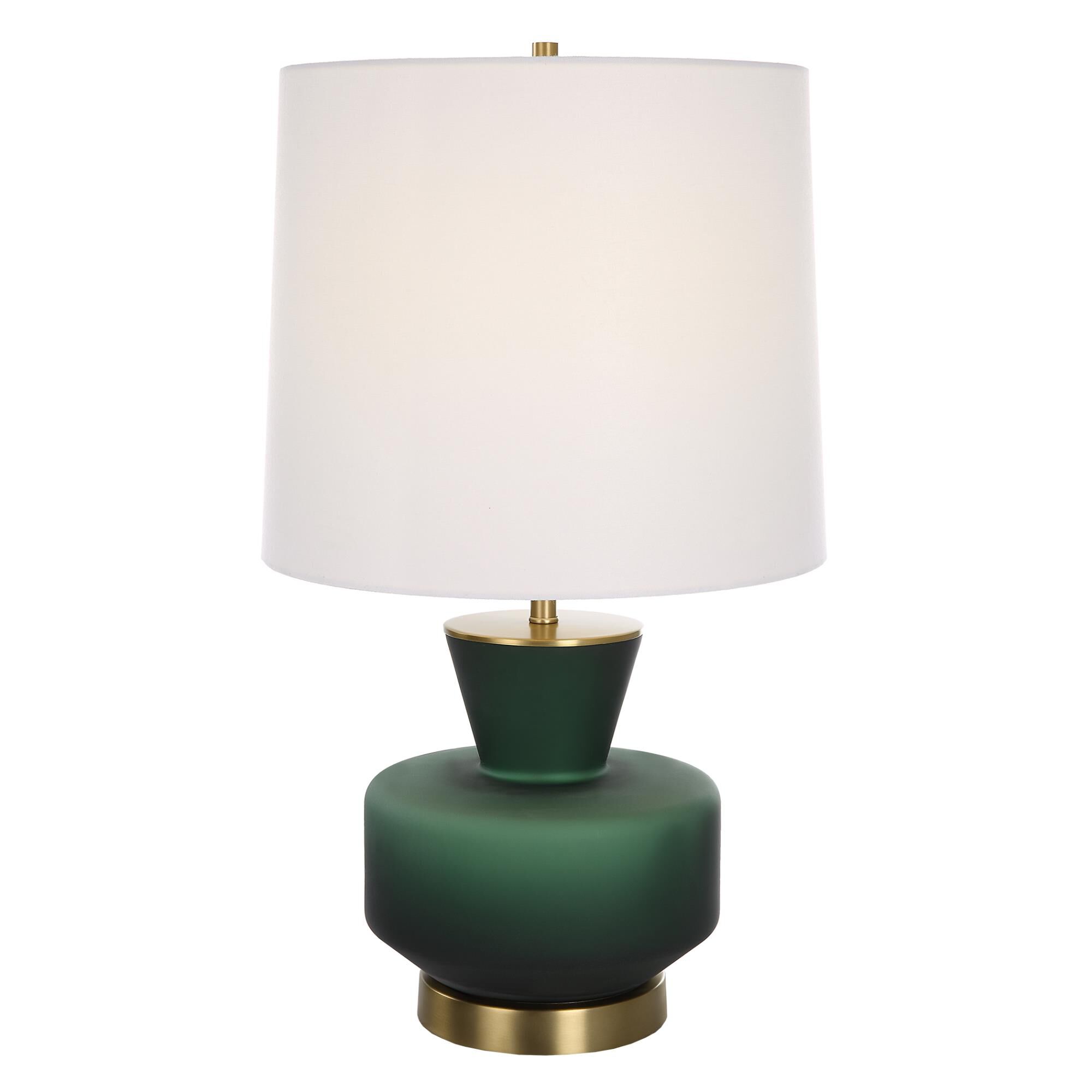 Shown in Emerald Green with Antiqued Brass finish and Tapered Round Hardback shade