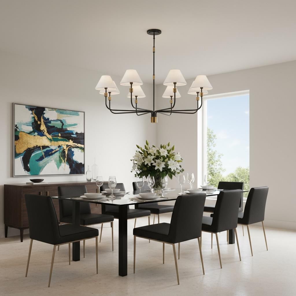 Shown in Black and Brushed Brass finish and Hardback Linen Fabric shade