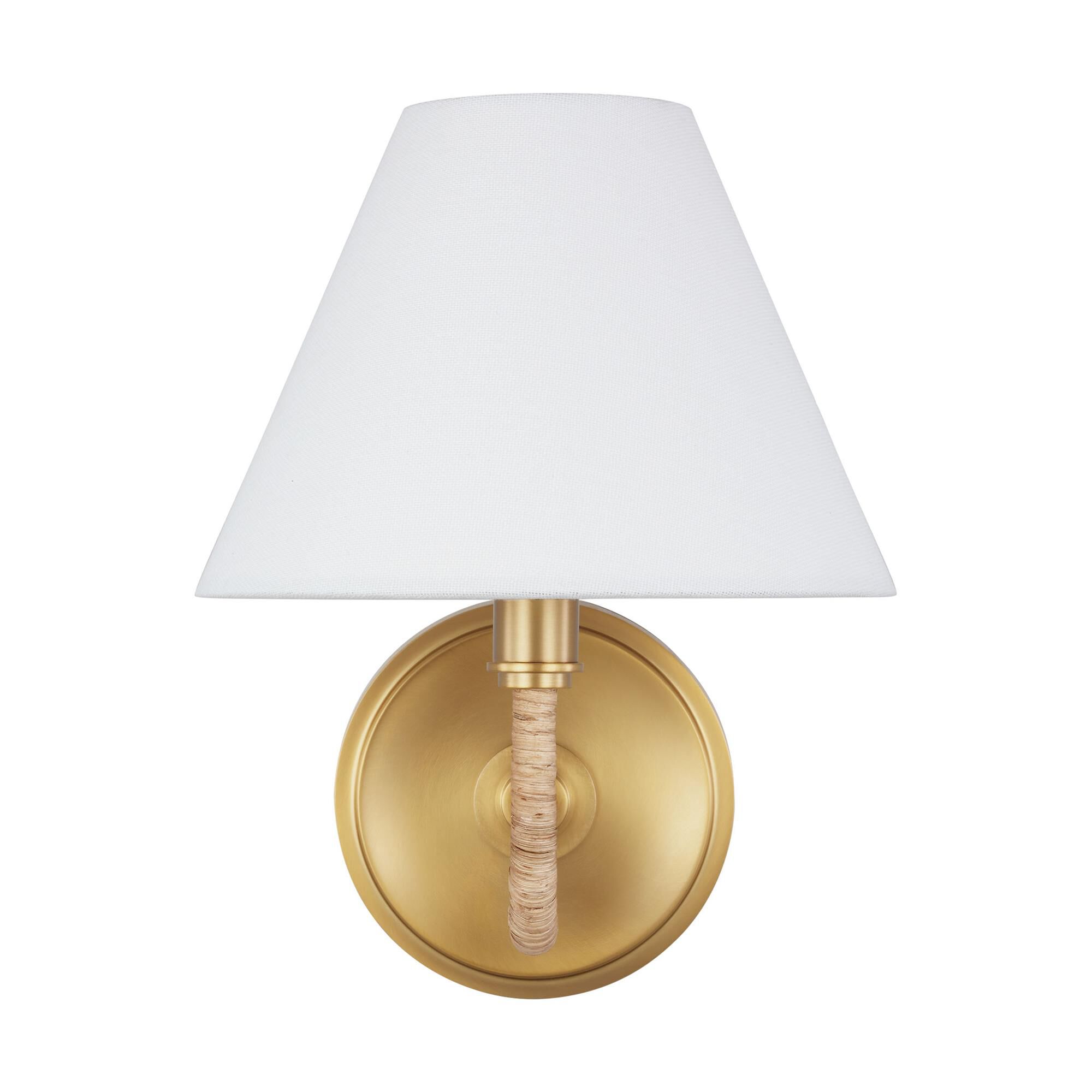Shown in Burnished Brass finish and White Linen shade