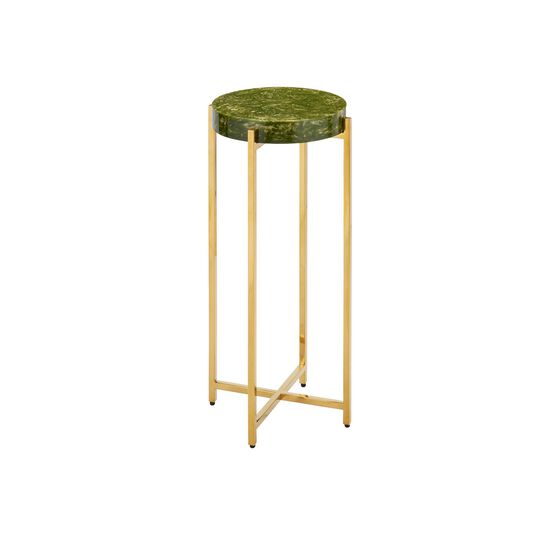 Accent table with green marble top and gold metal frame.