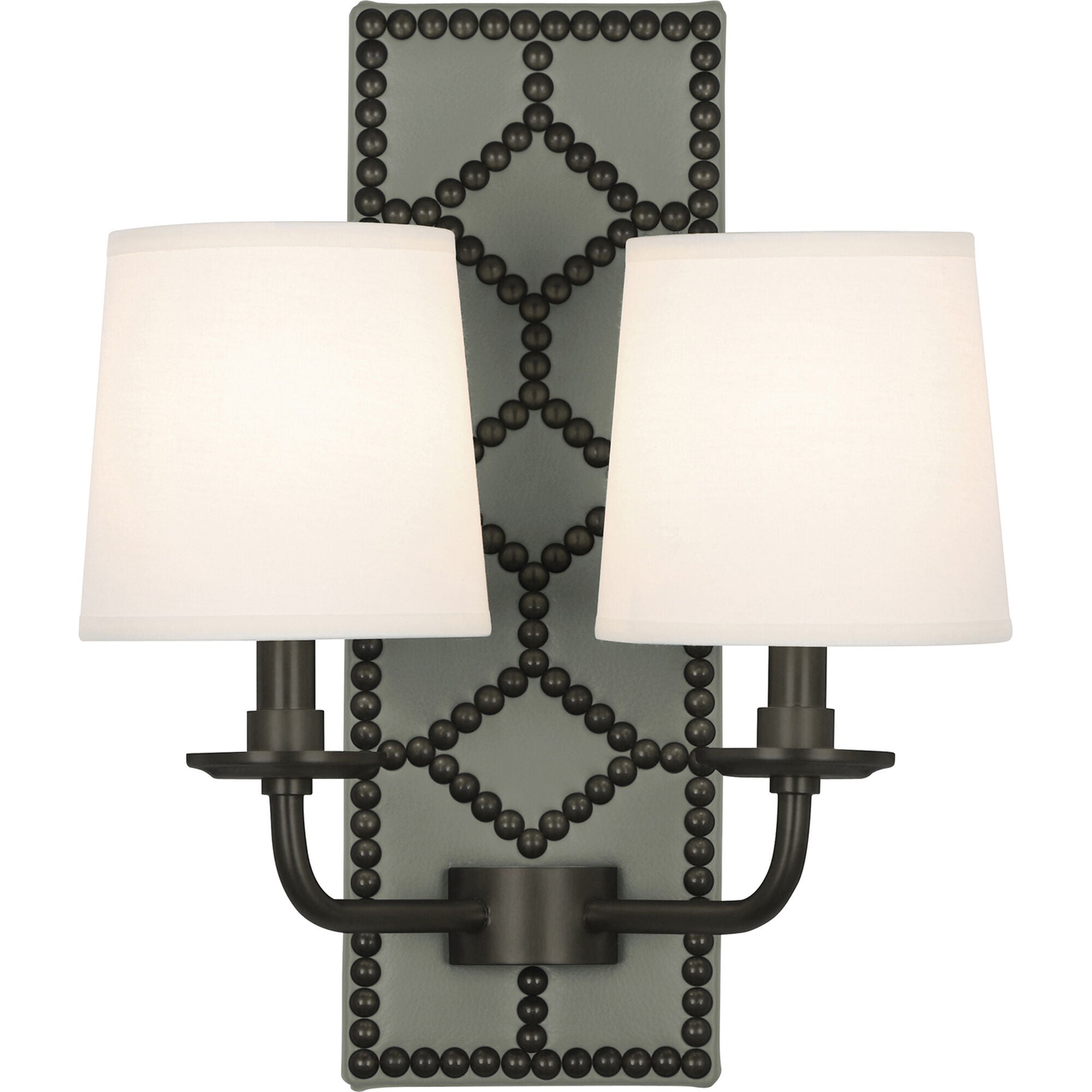 Shown in Upholstered Carter Gray Leather And Deep Patina Bronze finish and Fondine Fabric shade