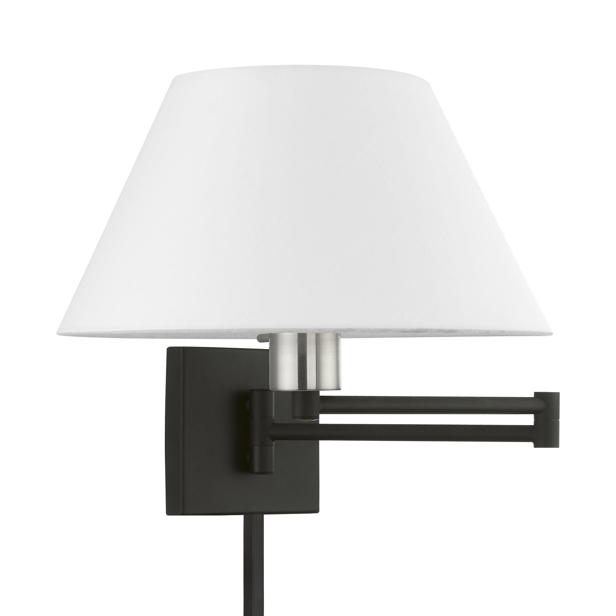Shown in Black with Brushed Nickel Accent finish and Hand Crafted Off-White Hardback Fabric shade