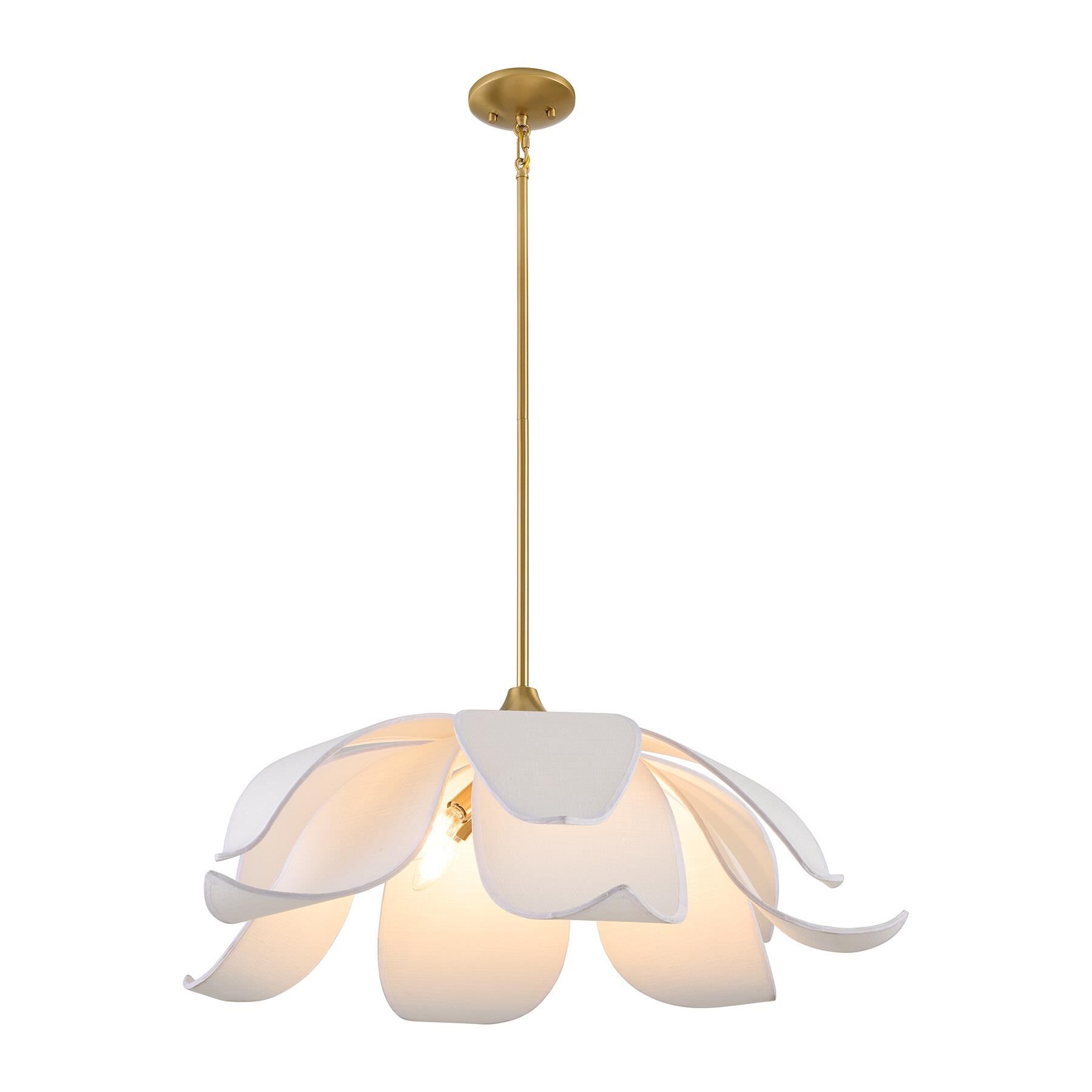 Shown in Warm Brass finish and White Linen shade