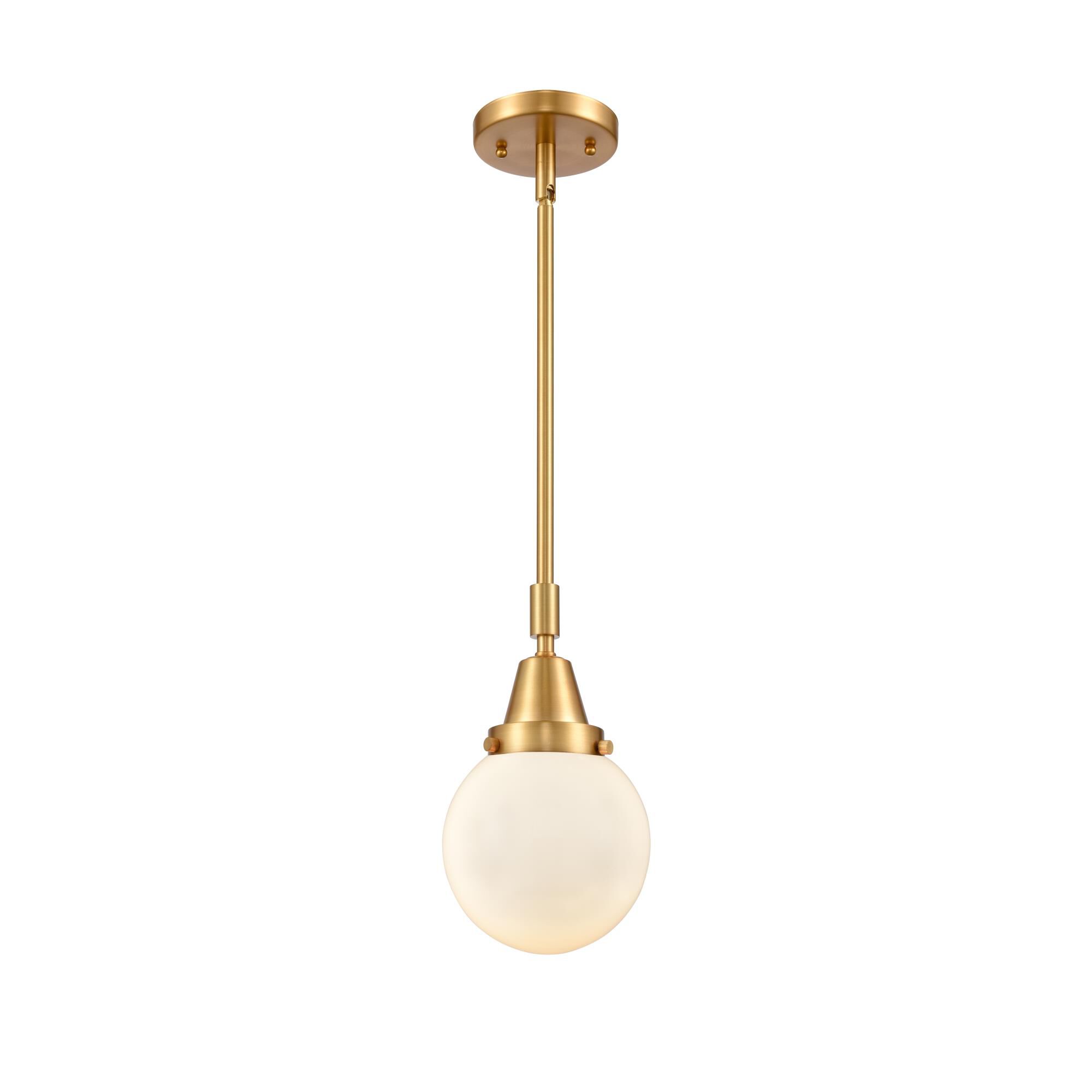 Shown in Satin Gold finish and Matte White Cased Beacon glass