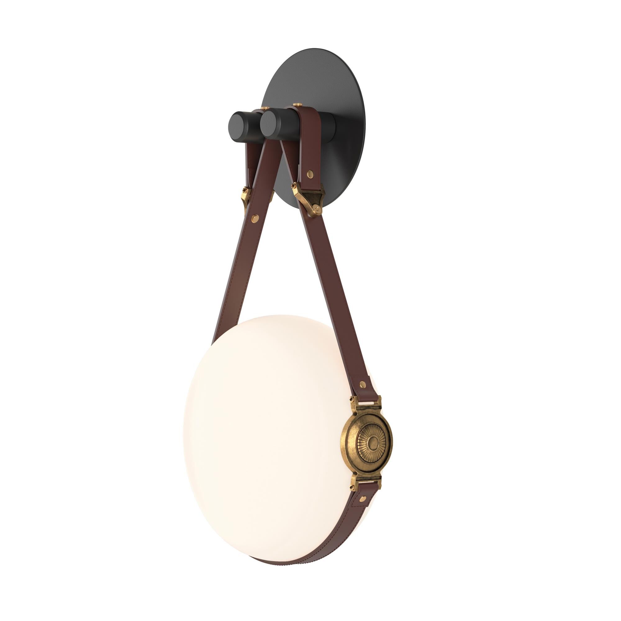 Shown in Black with Antique Brass finish and Opal glass and Leather British Brown with Plain Disk accent