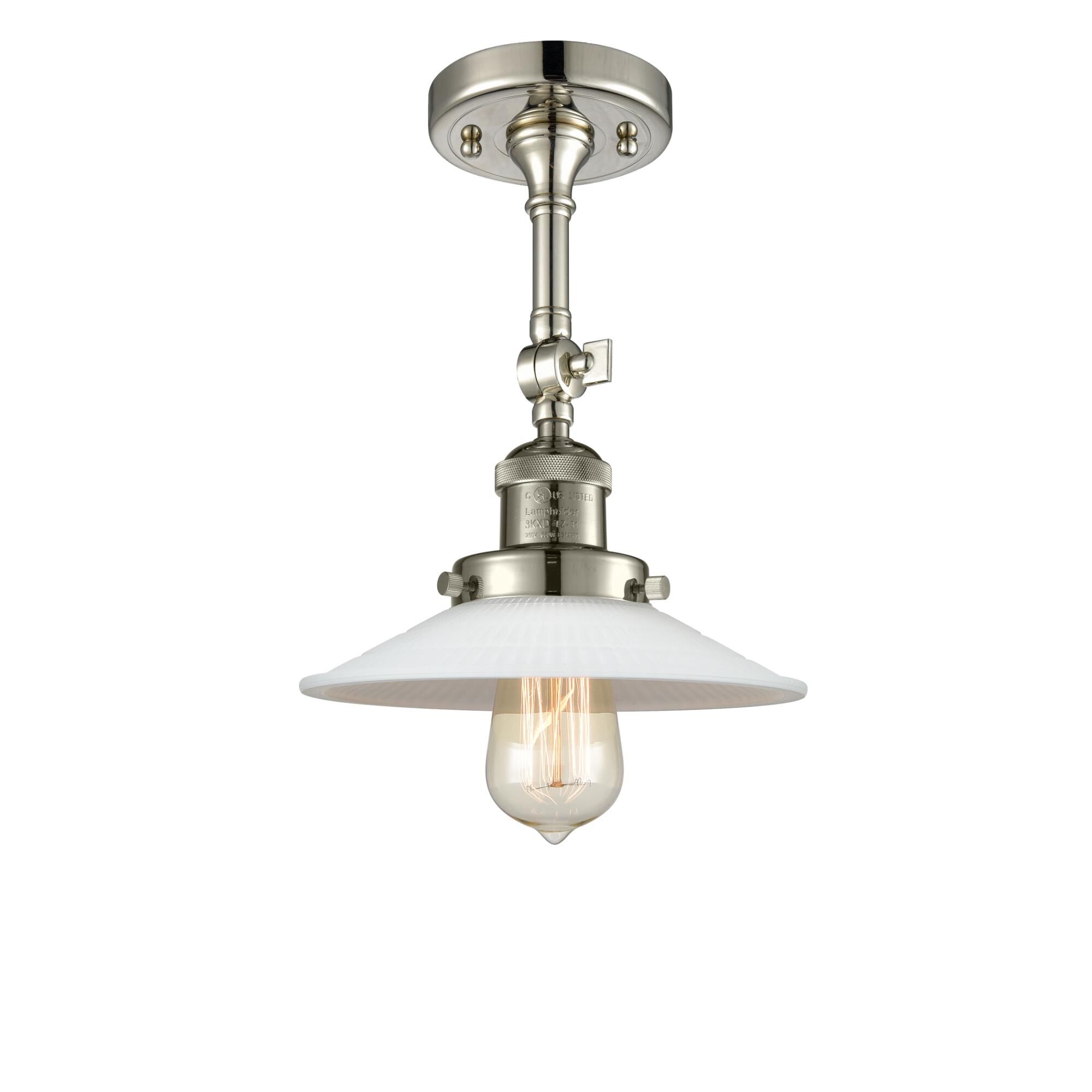 Shown in Polished Nickel finish and Matte White Halophane - Cone glass