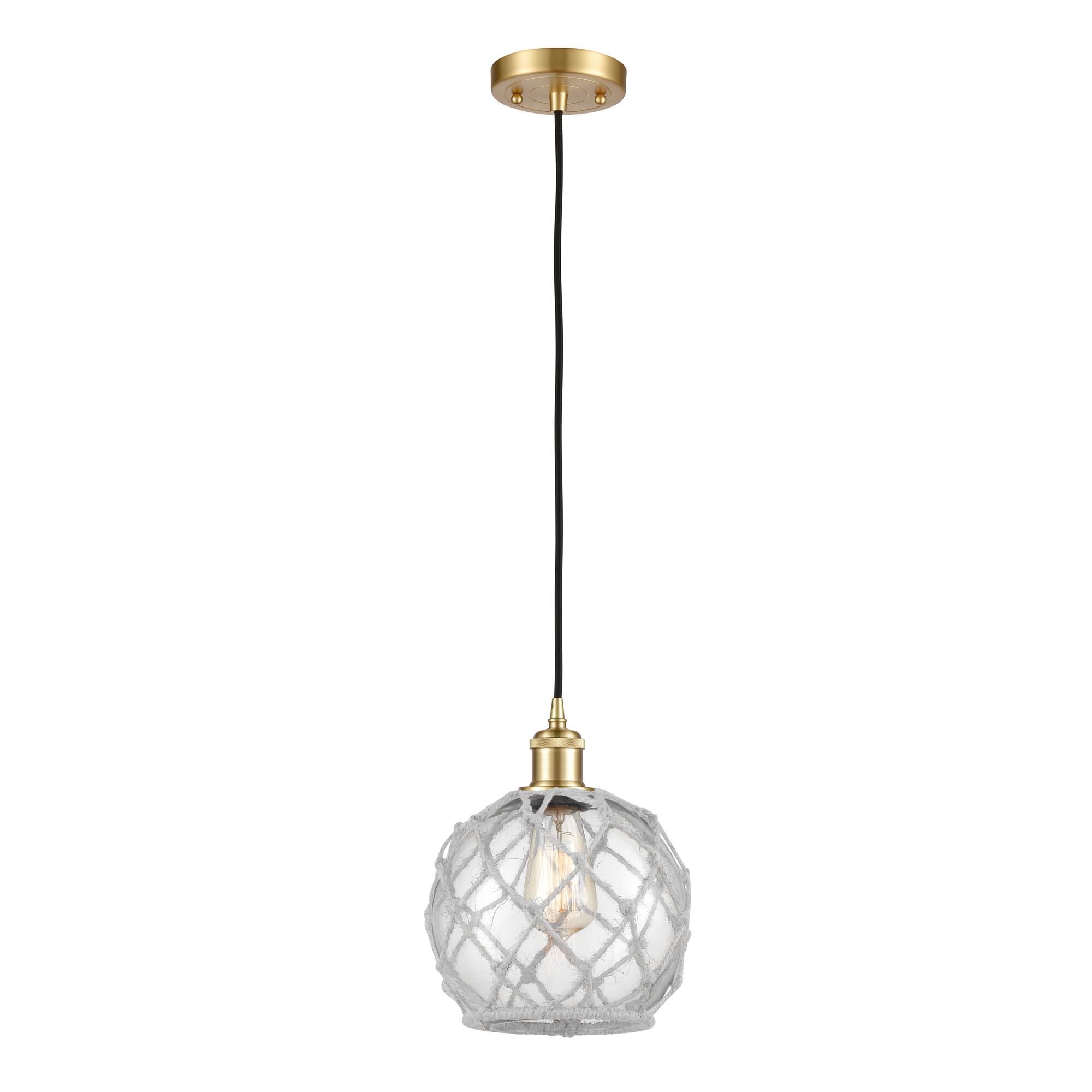 Shown in Satin Gold finish and Clear Farmhousewith White Rope glass