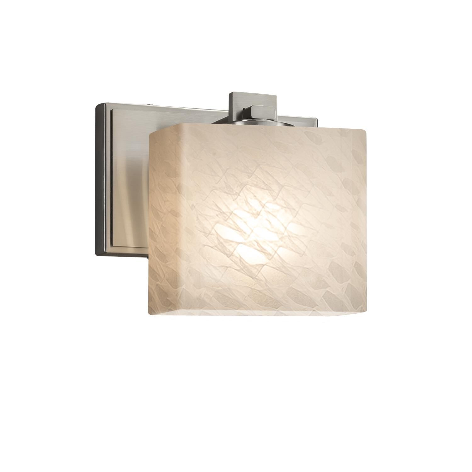 Shown in Brushed Nickel finish and Artisan glass and Weave shade and Rectangle accent