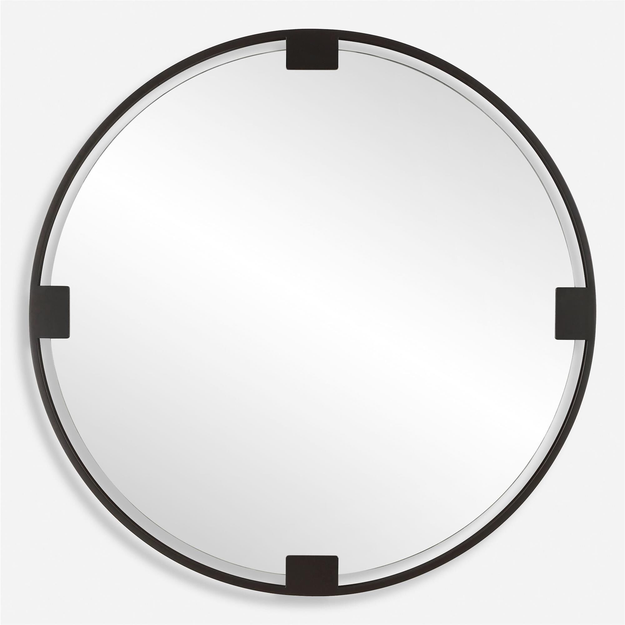 Shown in This Round Mirror Is Crafted With A Hefty Dark Bronze Iron Frame, Adorned With Matching Bands That S finish