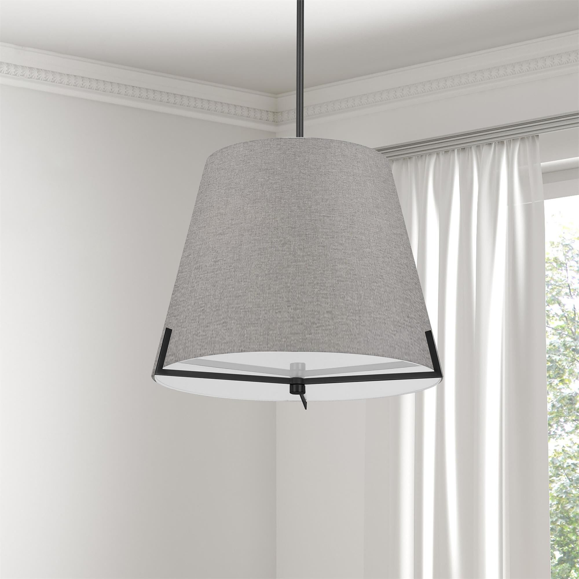 Shown in Grey and Matte Black finish and Fabric Gray Tapered Drum shade