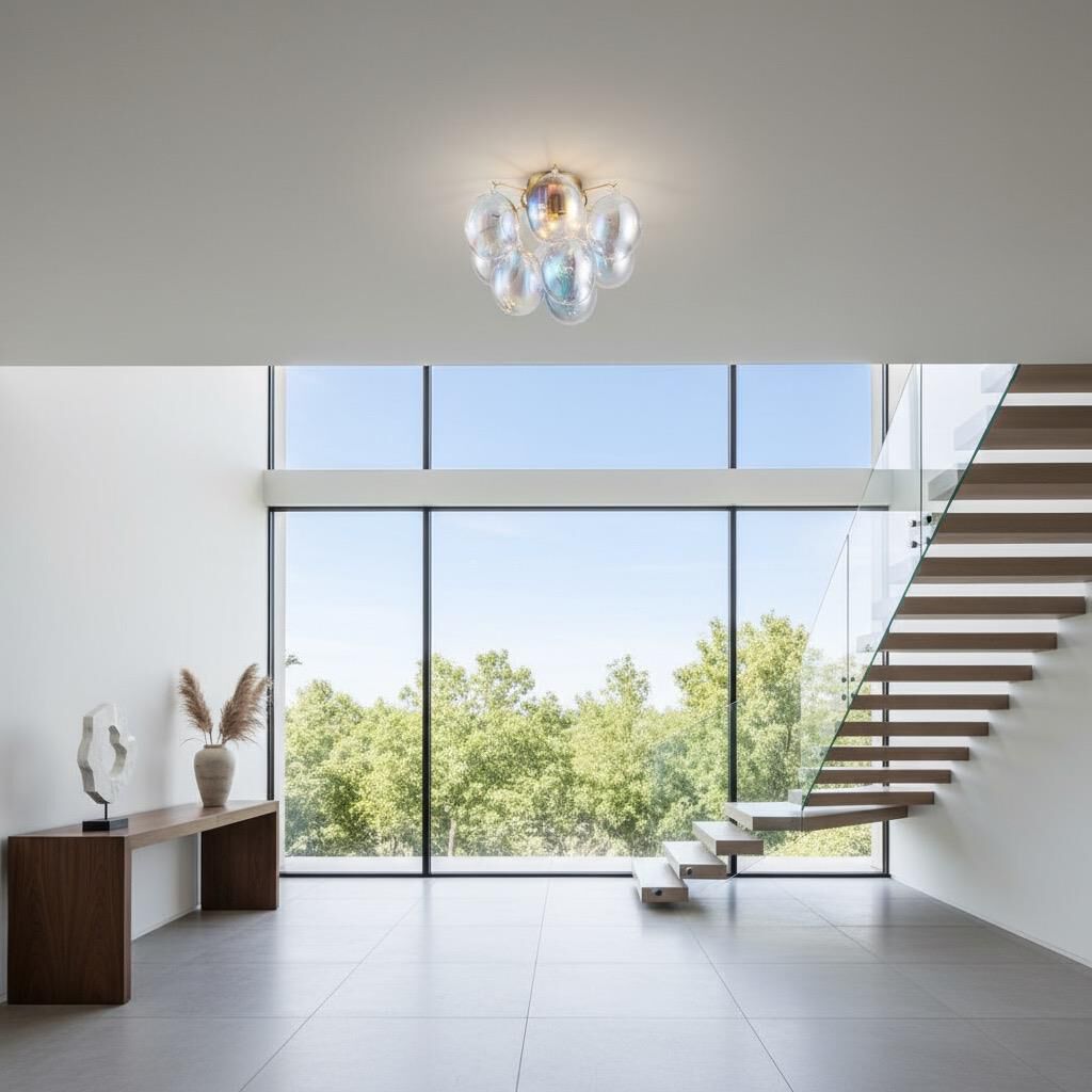 Shown in Brass finish and Iridescent glass