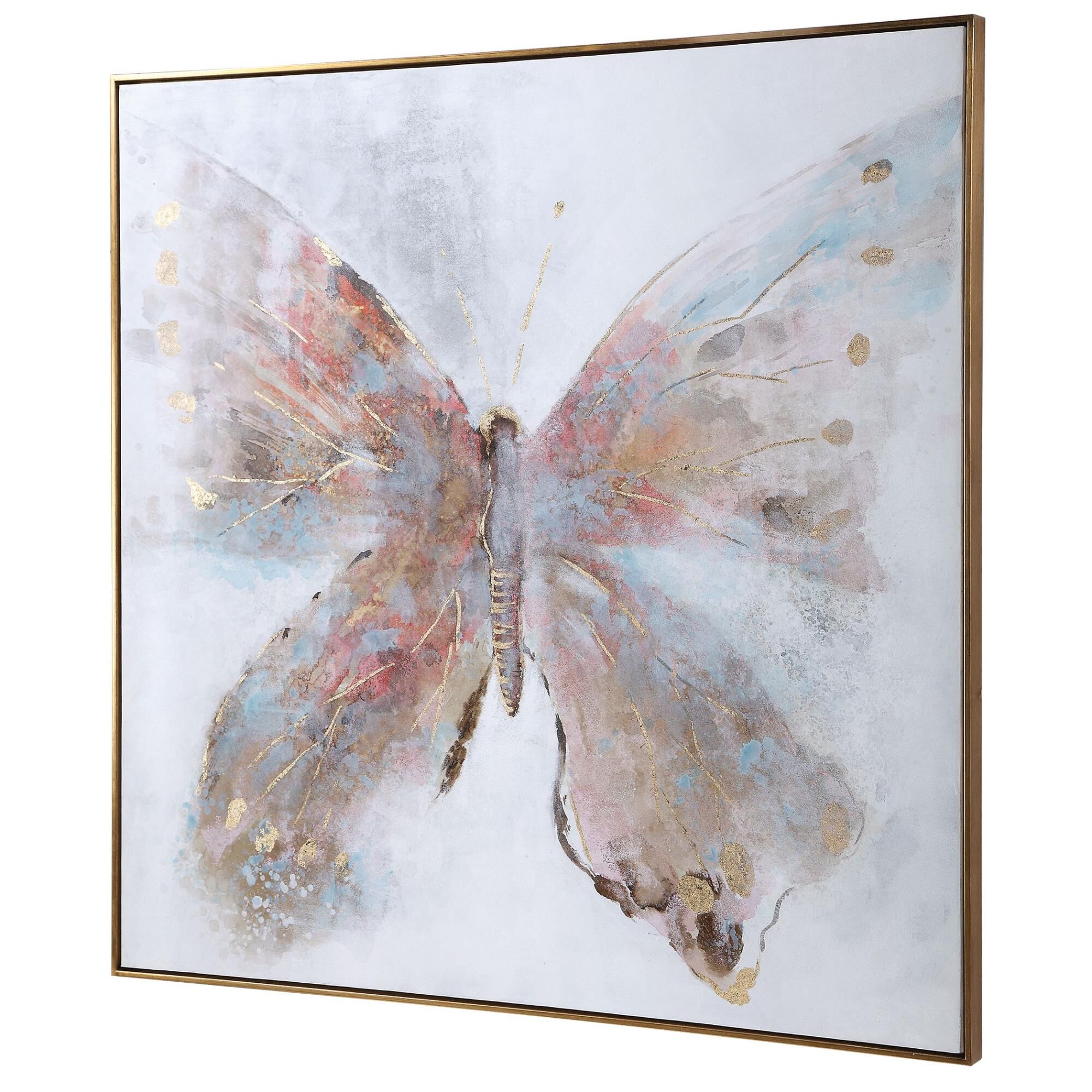 Shown in Hand Painted Canvas, Antiqued Gold Leaf Gallery Frame, White, Light Gray, Light Blue, Fuschia, Gold  finish