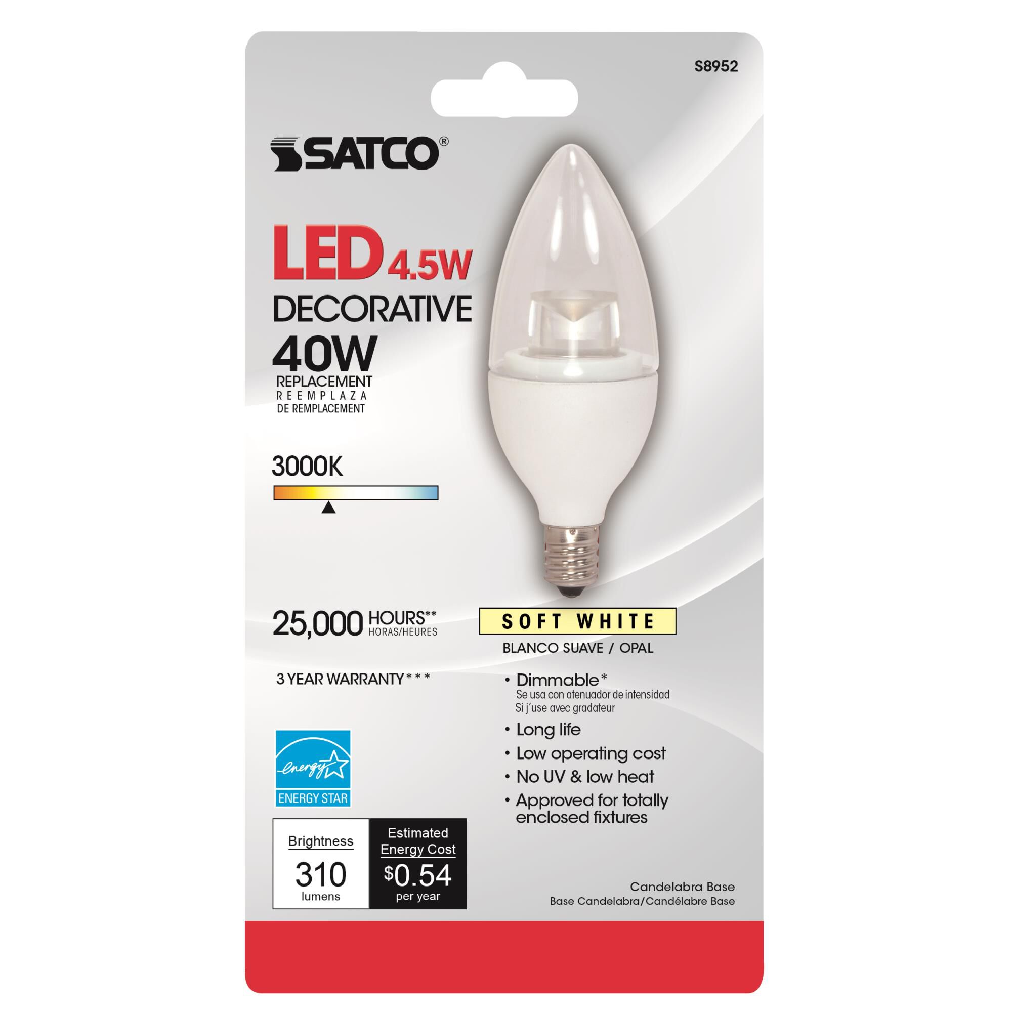 4.50 Watt 3000K B11 LED Light Bulb,
