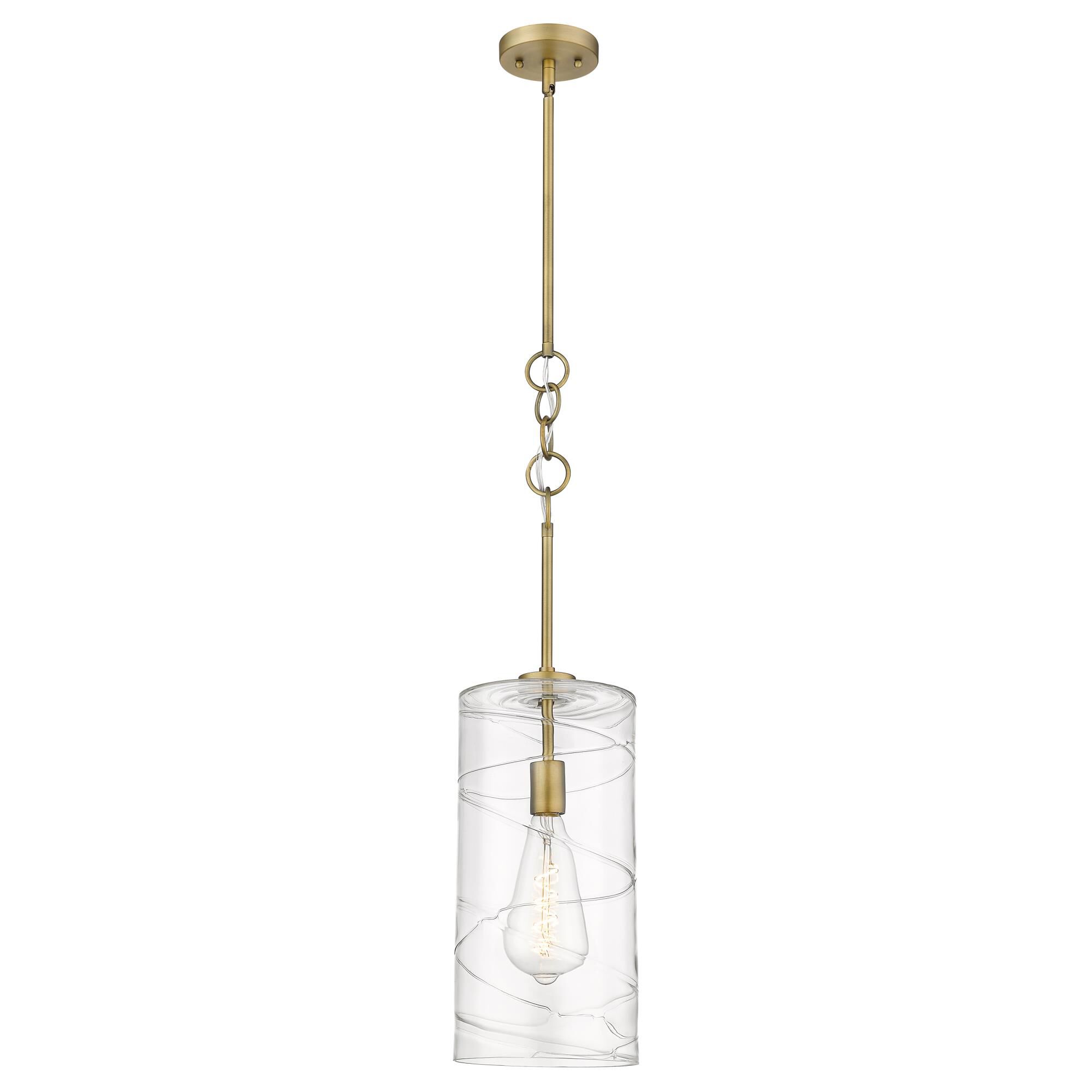Shown in Brushed Brass finish and Clear Deco Swirl glass