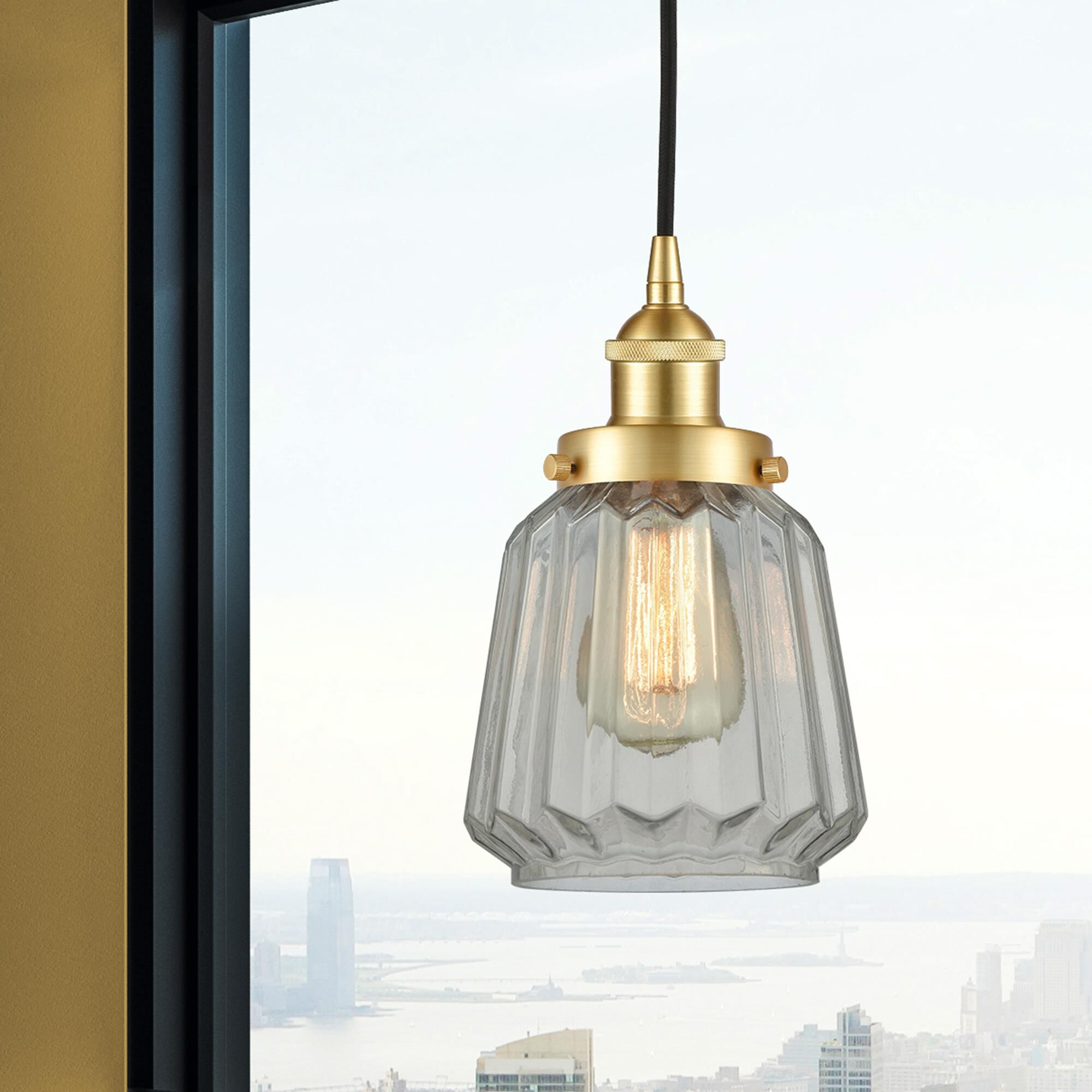 Shown in Satin Gold finish and Clear Chatham glass