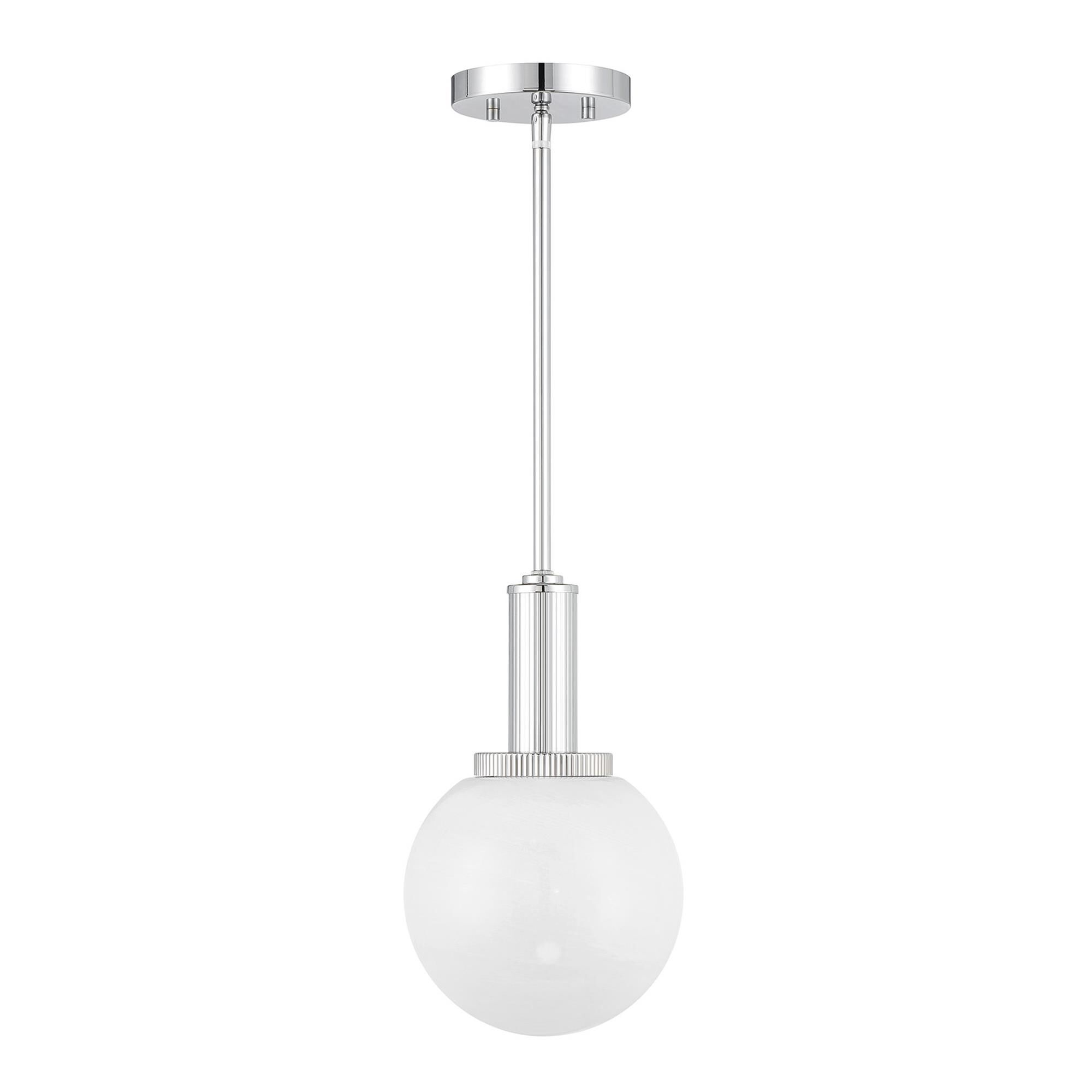 Shown in Chrome finish and White Strie glass