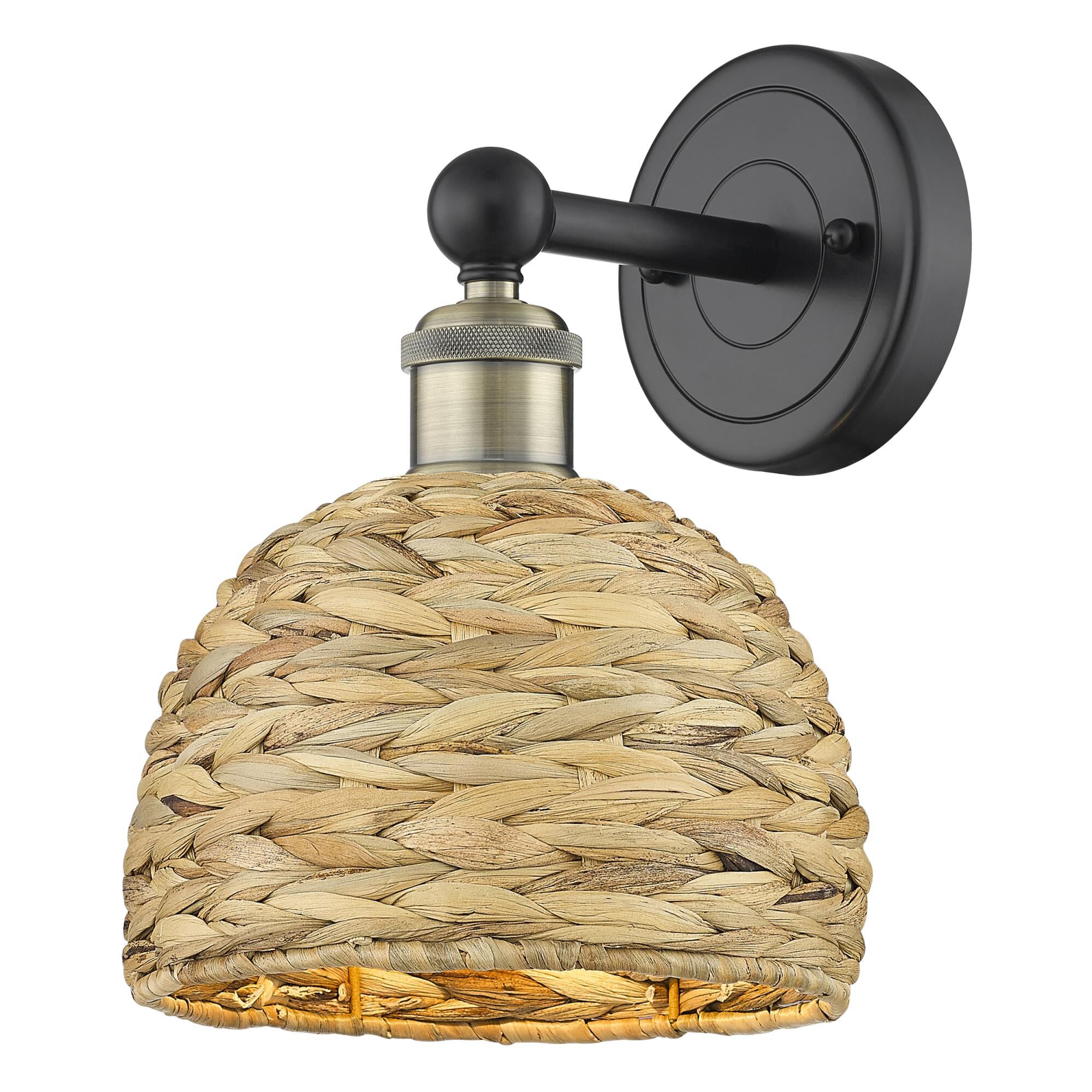 Shown in Black Antique Brass finish and Natural shade