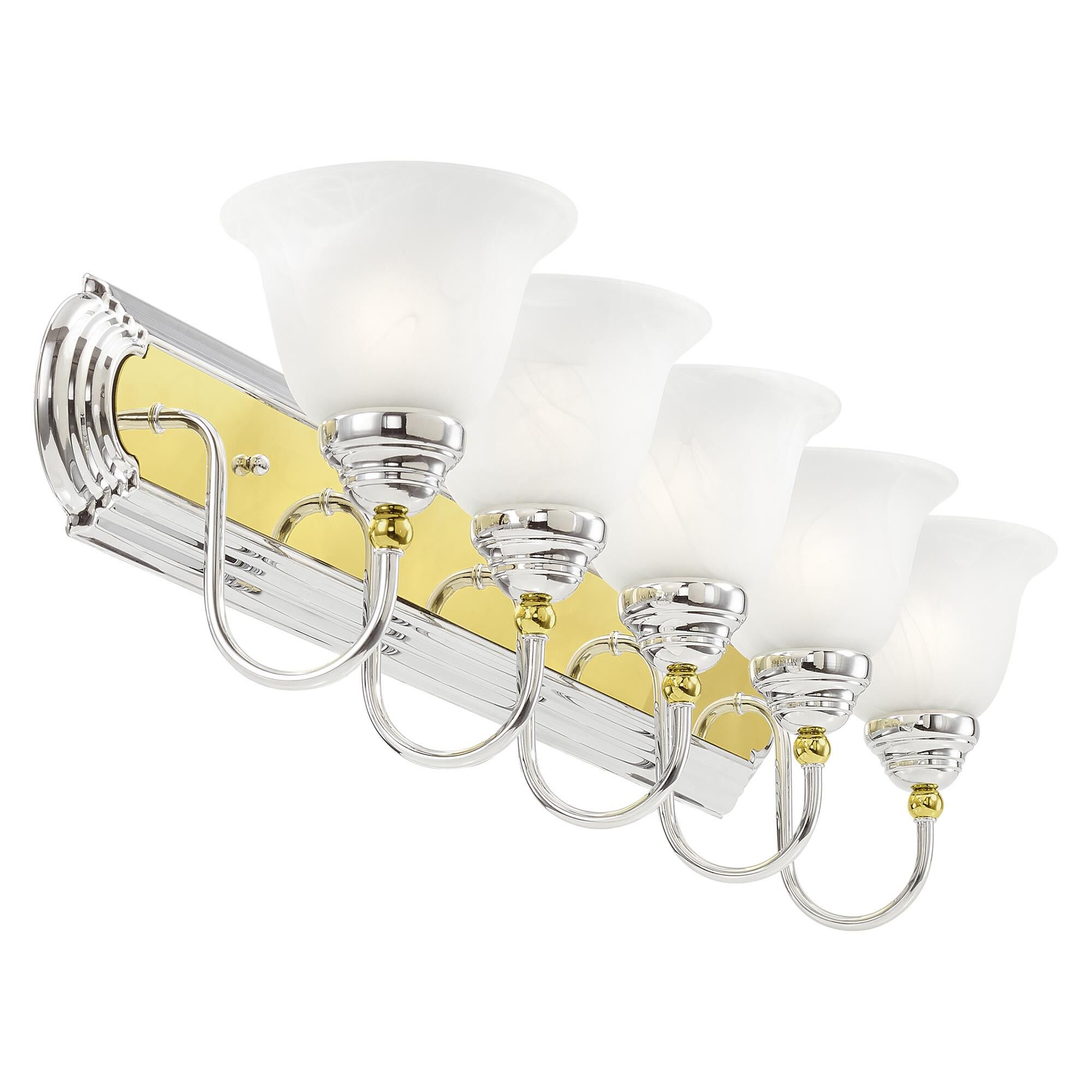 Shown in Chrome and Polished Brass finish and White Alabaster glass