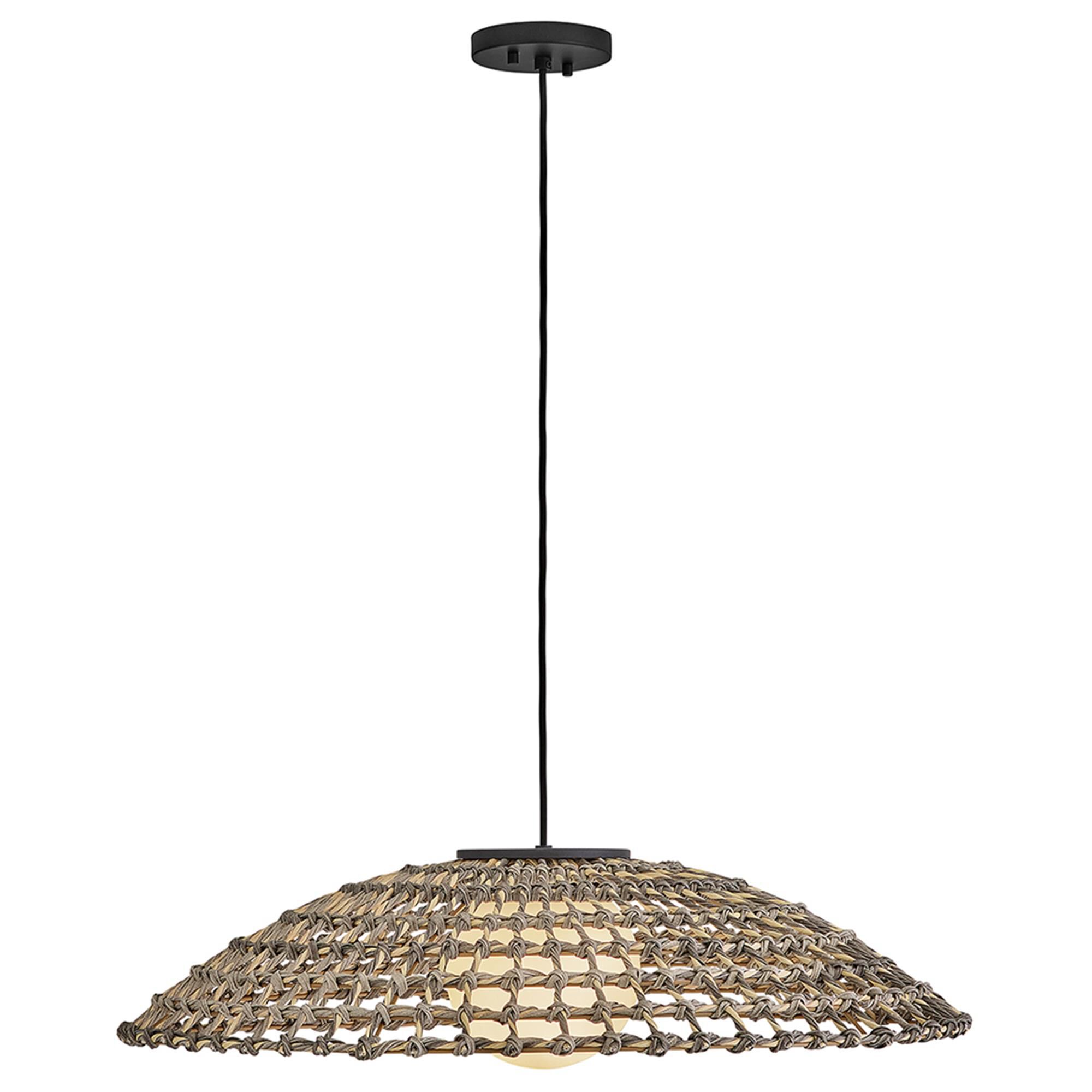 Shown in Black finish and Etched Opal glass and All Weather Rattan shade
