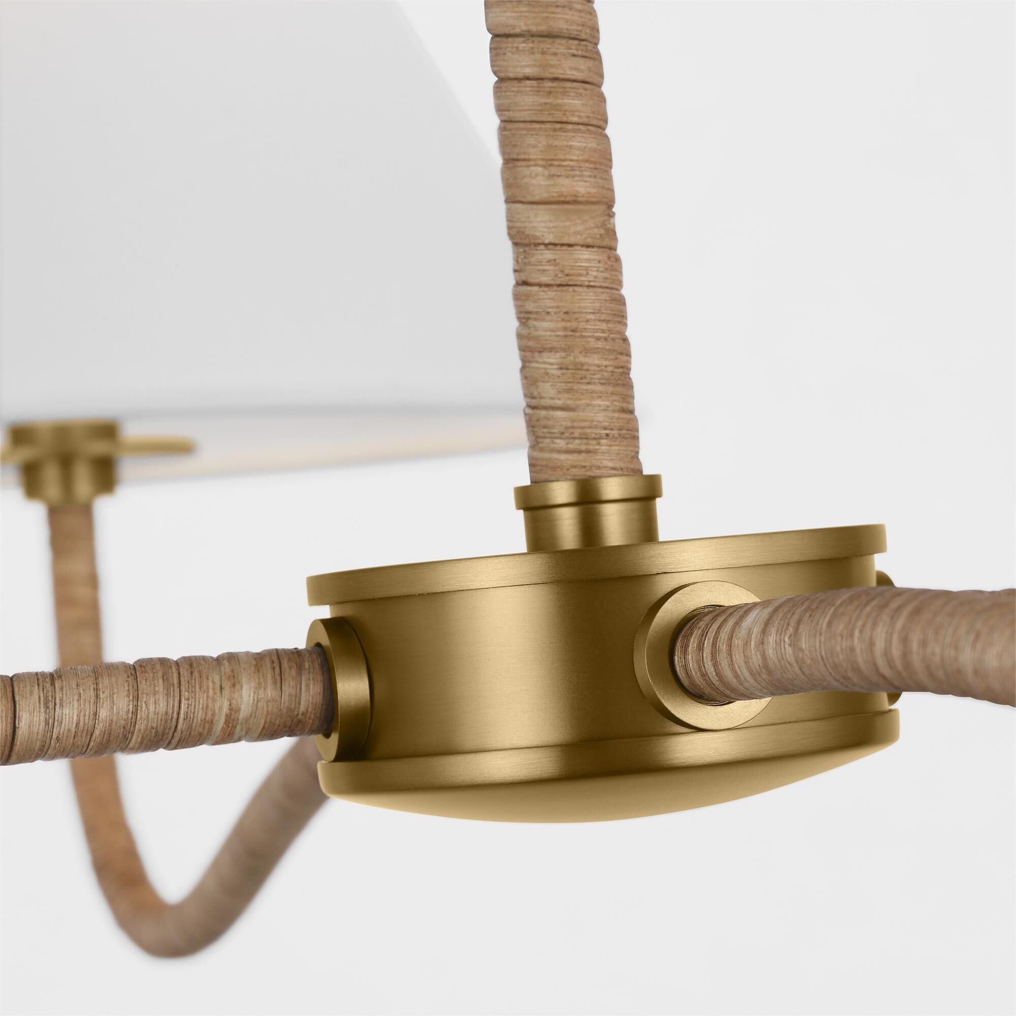 Shown in Burnished Brass finish and White Linen shade