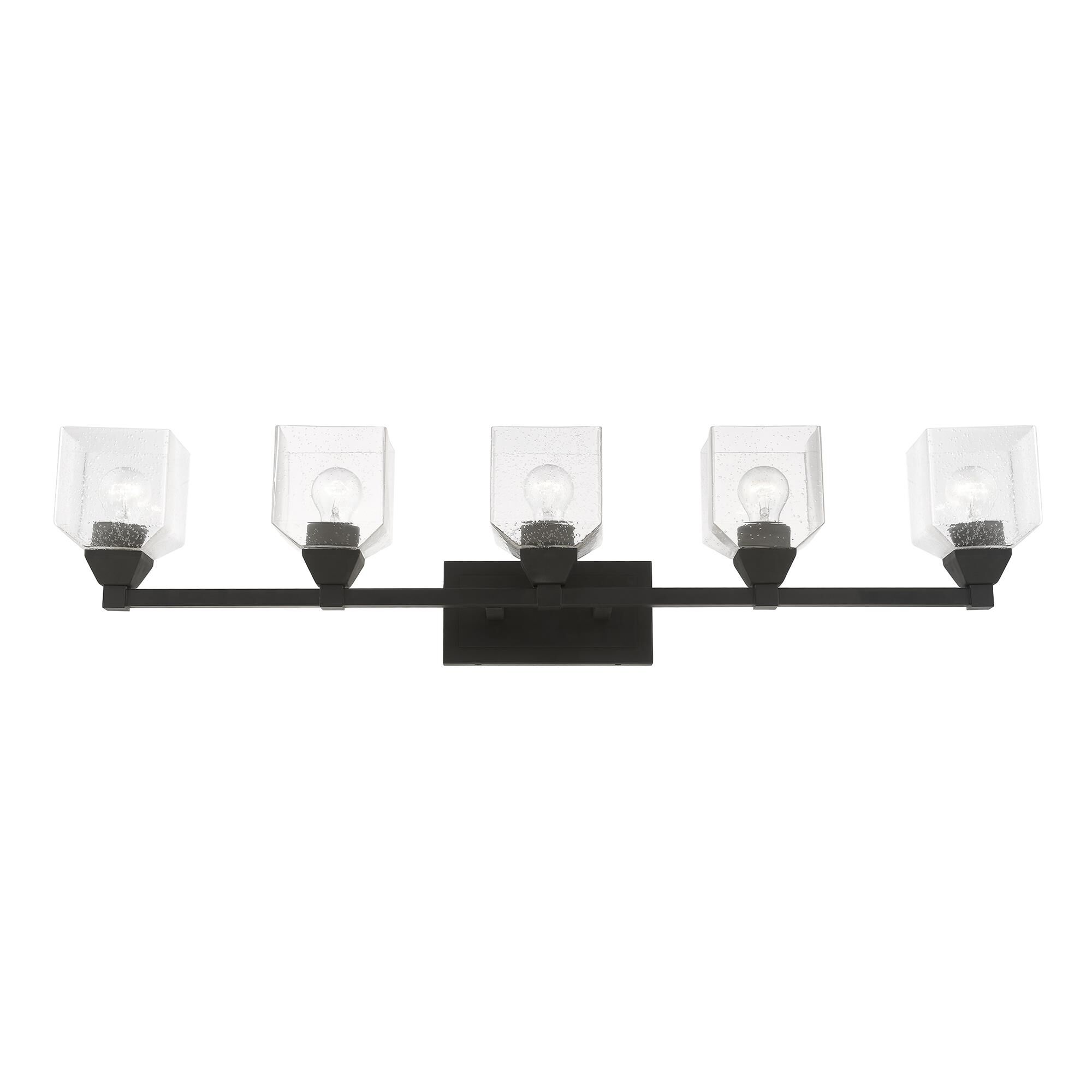 Shown in Black finish and Hand Blown Clear Seeded glass