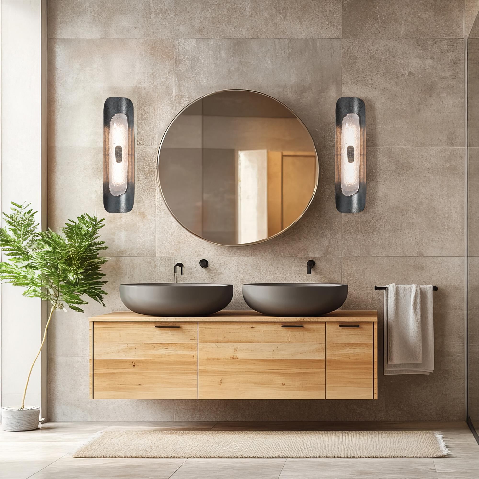 Shown in Black finish and Frosted glass and Clear Steel accent