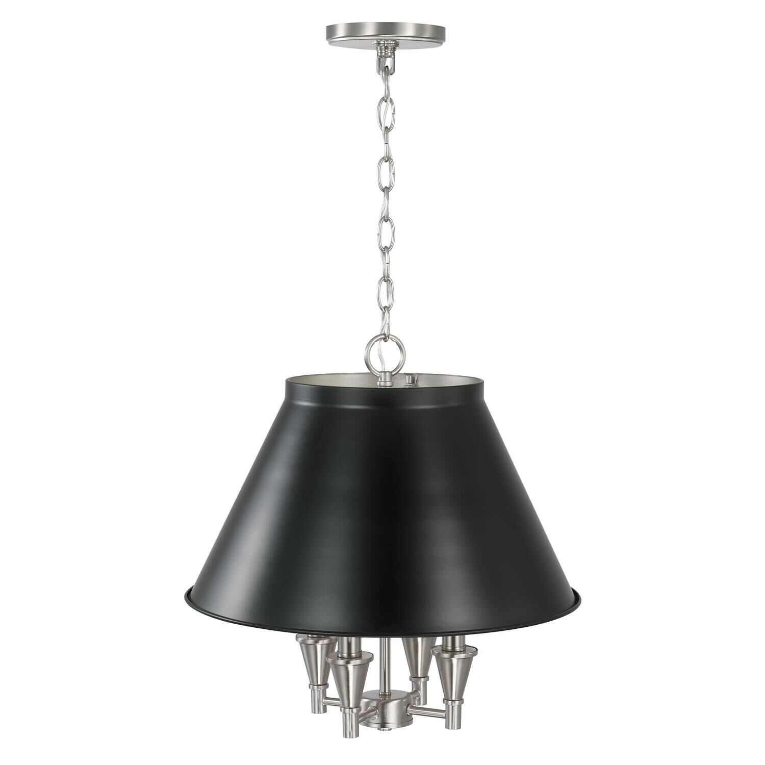 Shown in Black Tie finish and Black Metal  With Brushed Nickel Interior shade