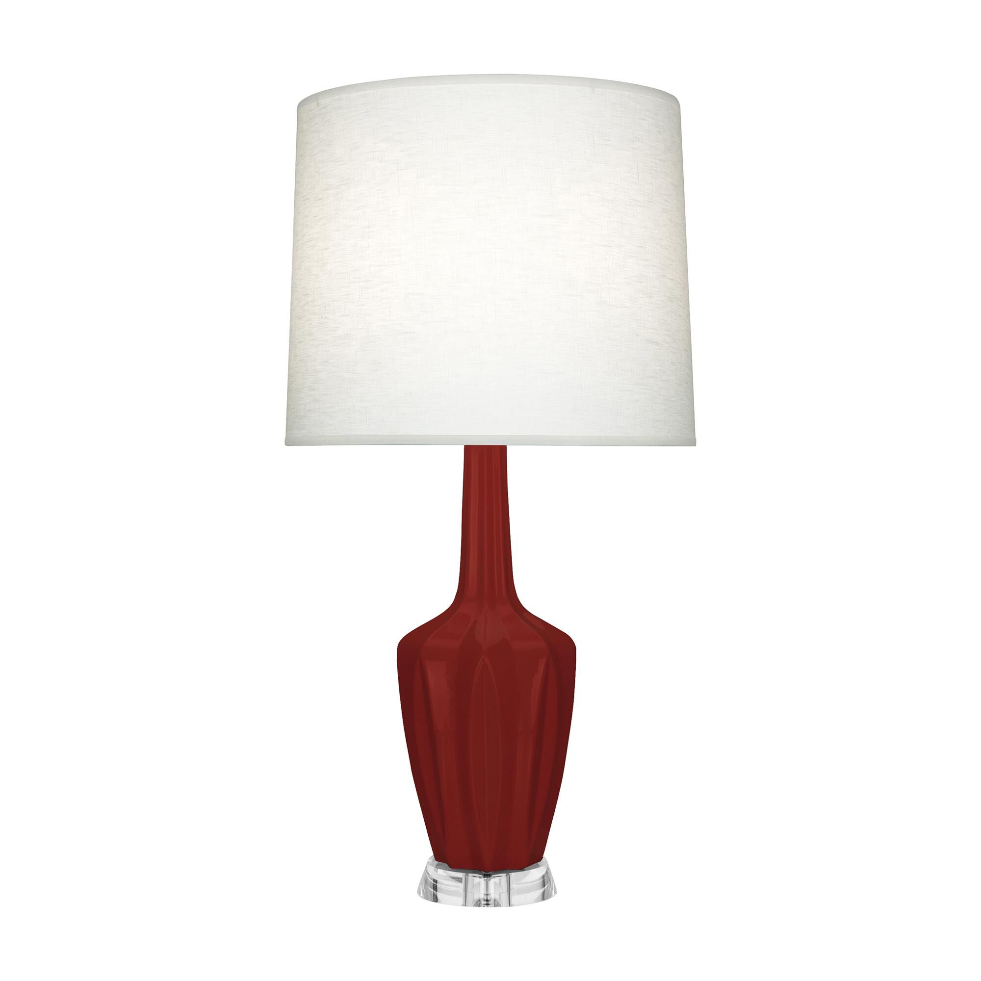 Shown in Oxblood Glazed finish and Oyster Linen shade and Lucite accent