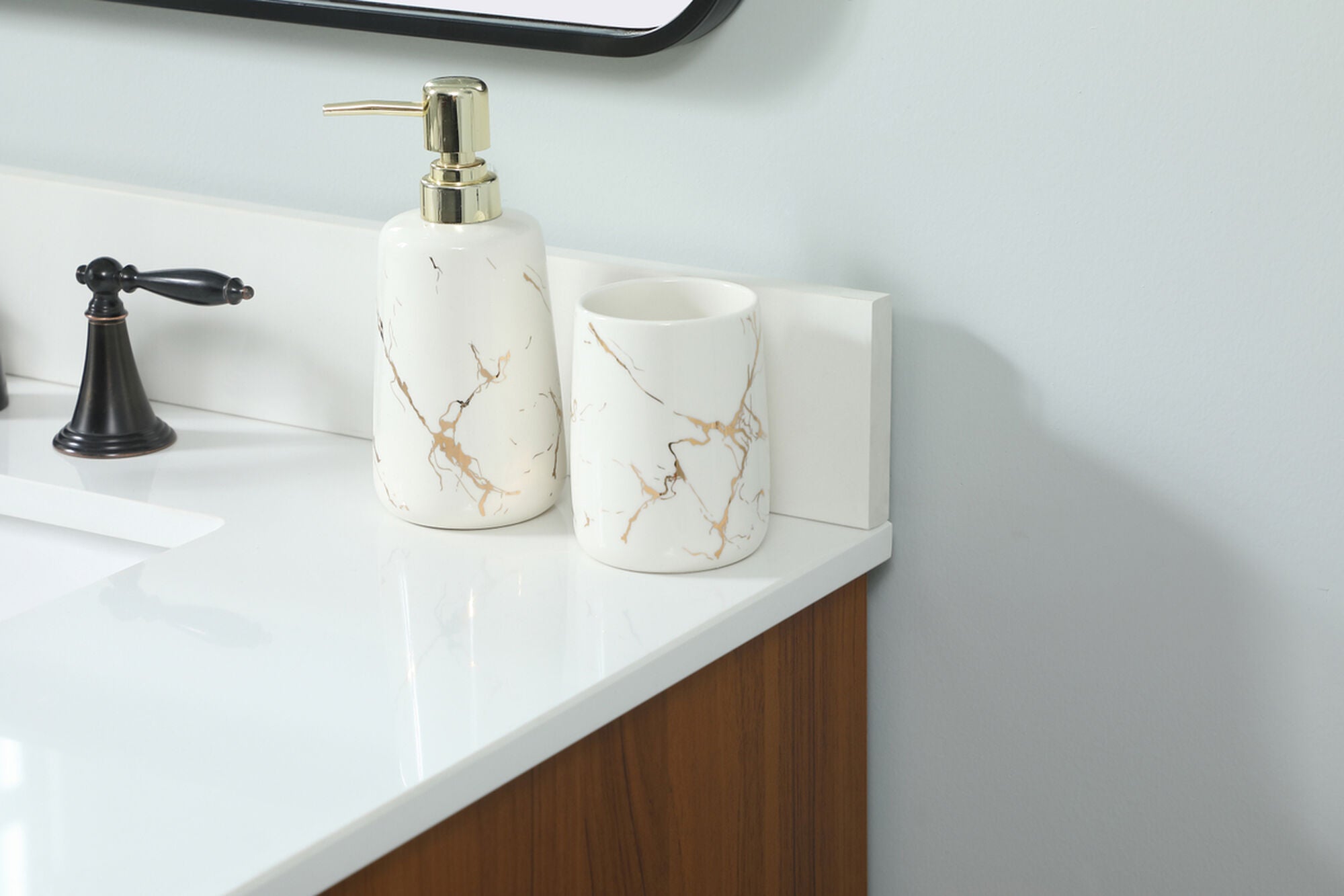Shown in Teak finish and With Backsplash accent