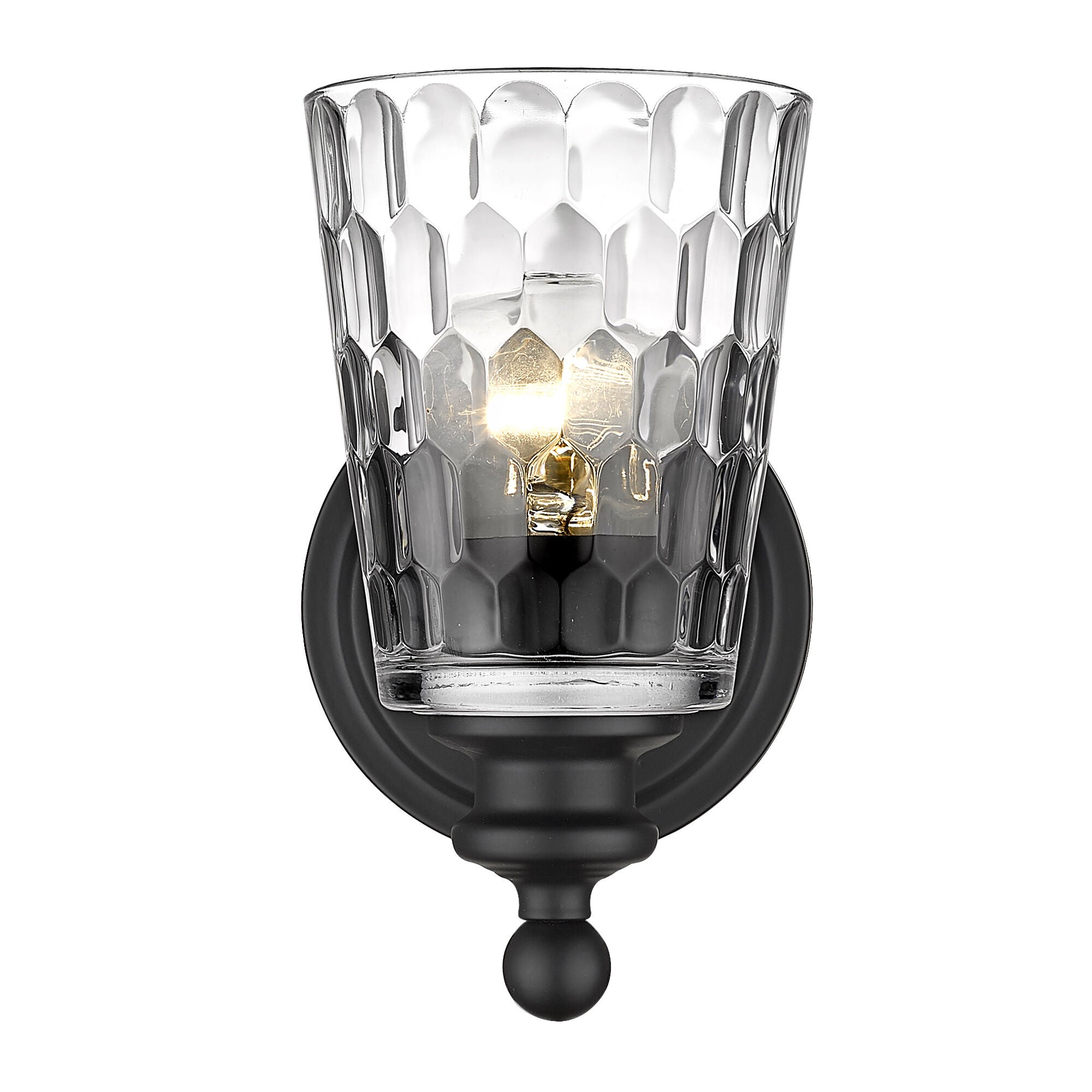 Shown in Matte Black finish and Clear glass and Clear, Optic Cone Shaped Glass shade