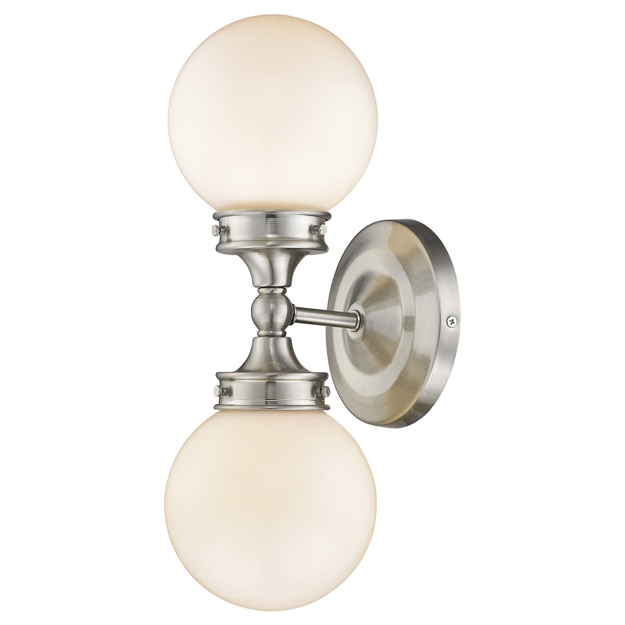 Shown in Satin Nickel finish and White glass and White Glass Globes shade
