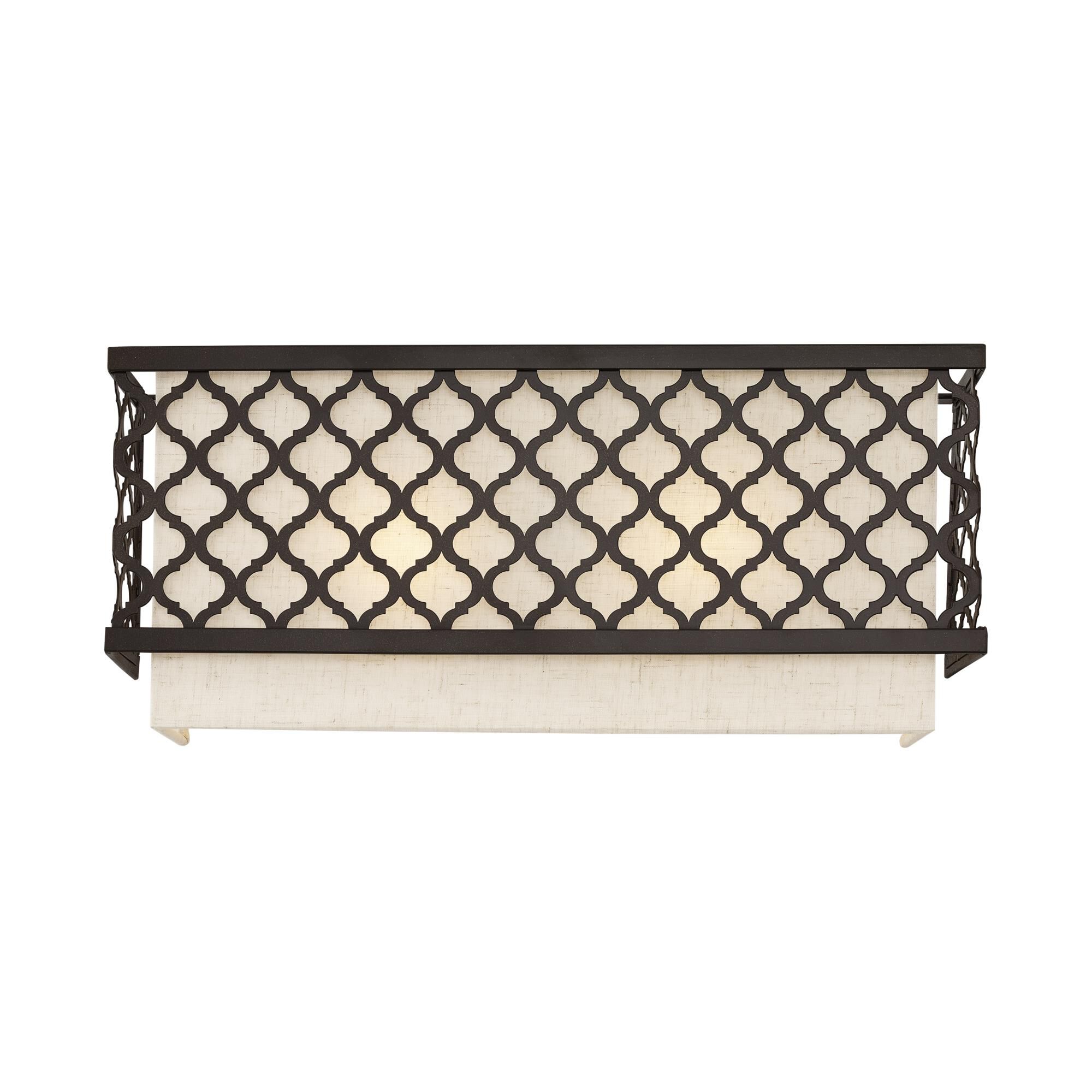 Shown in English Bronze finish and Hand Crafted Oatmeal Color Fabric Outside & White Fabric Inside Hardback shade