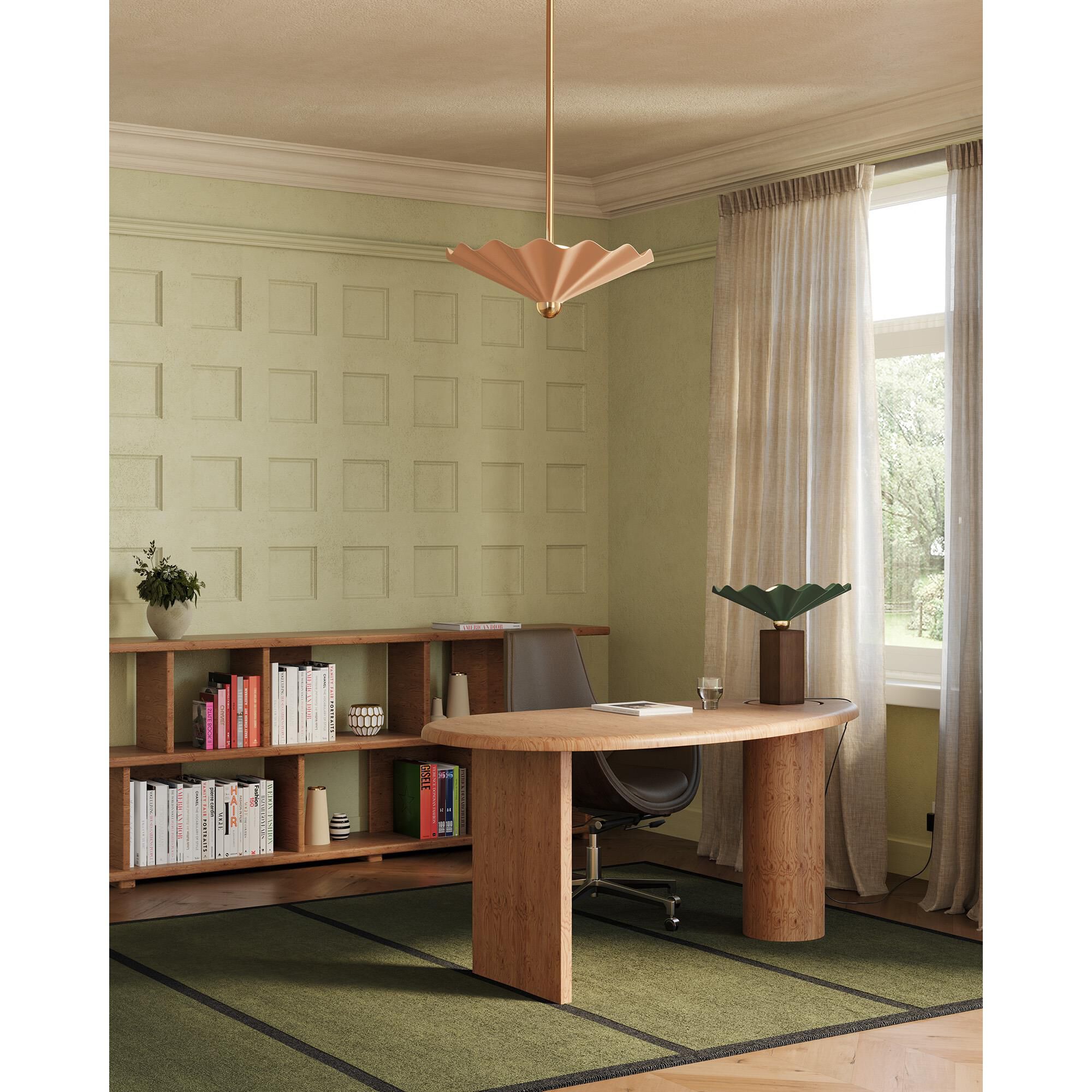 Shown in Peach finish and Matte Opal glass