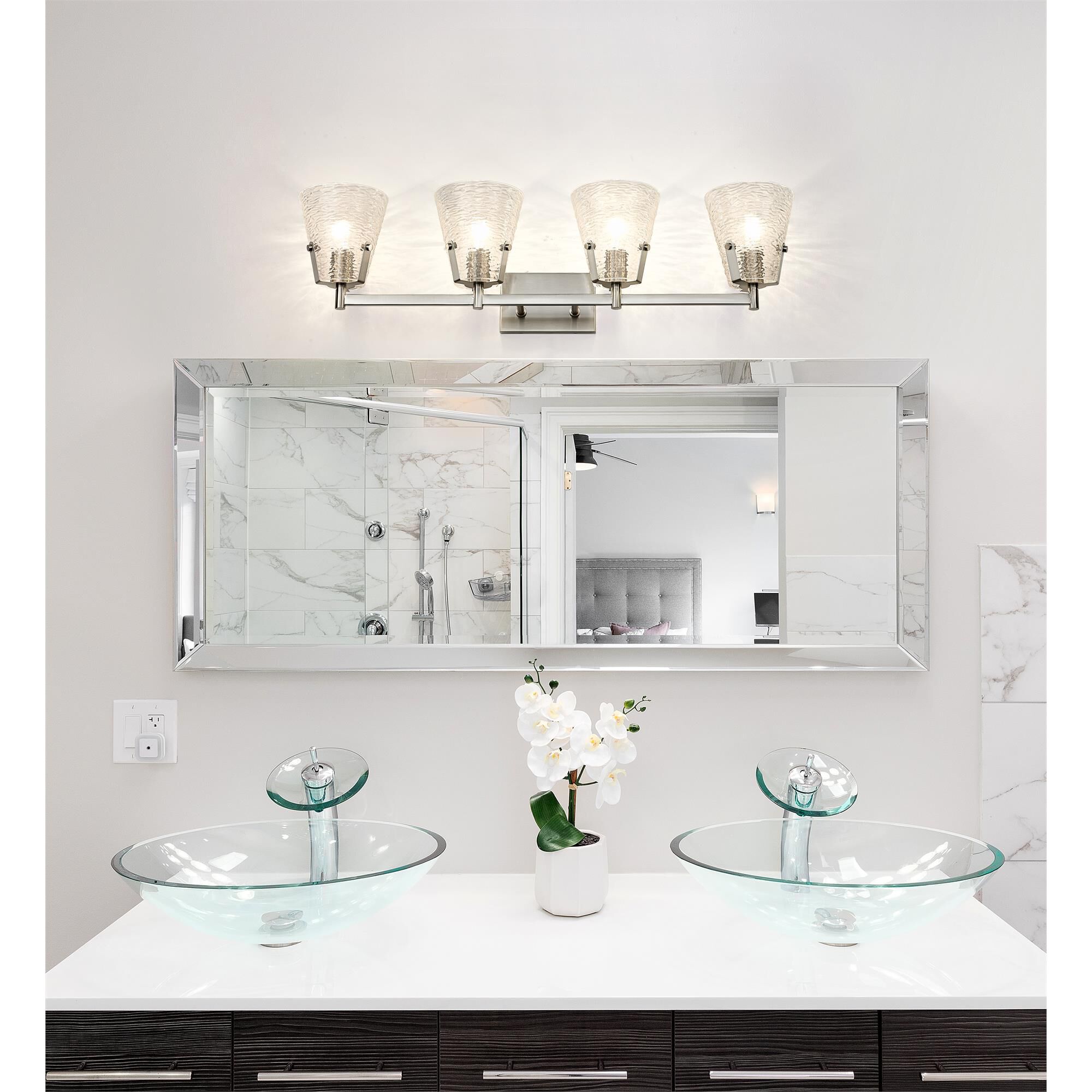 Shown in Brushed Nickel finish and Clear Ribbed glass