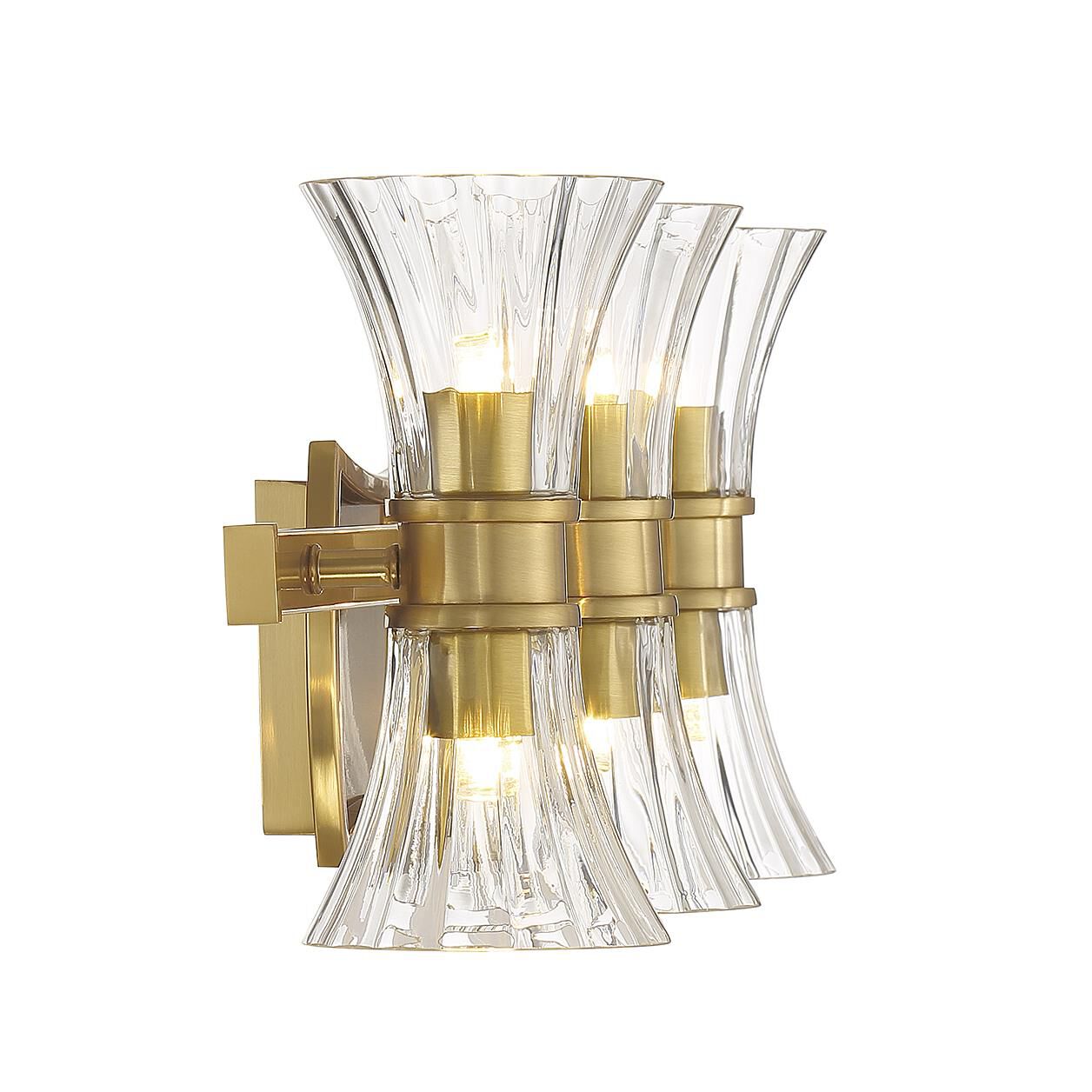Shown in Warm Brass finish and Clear Ribbed glass
