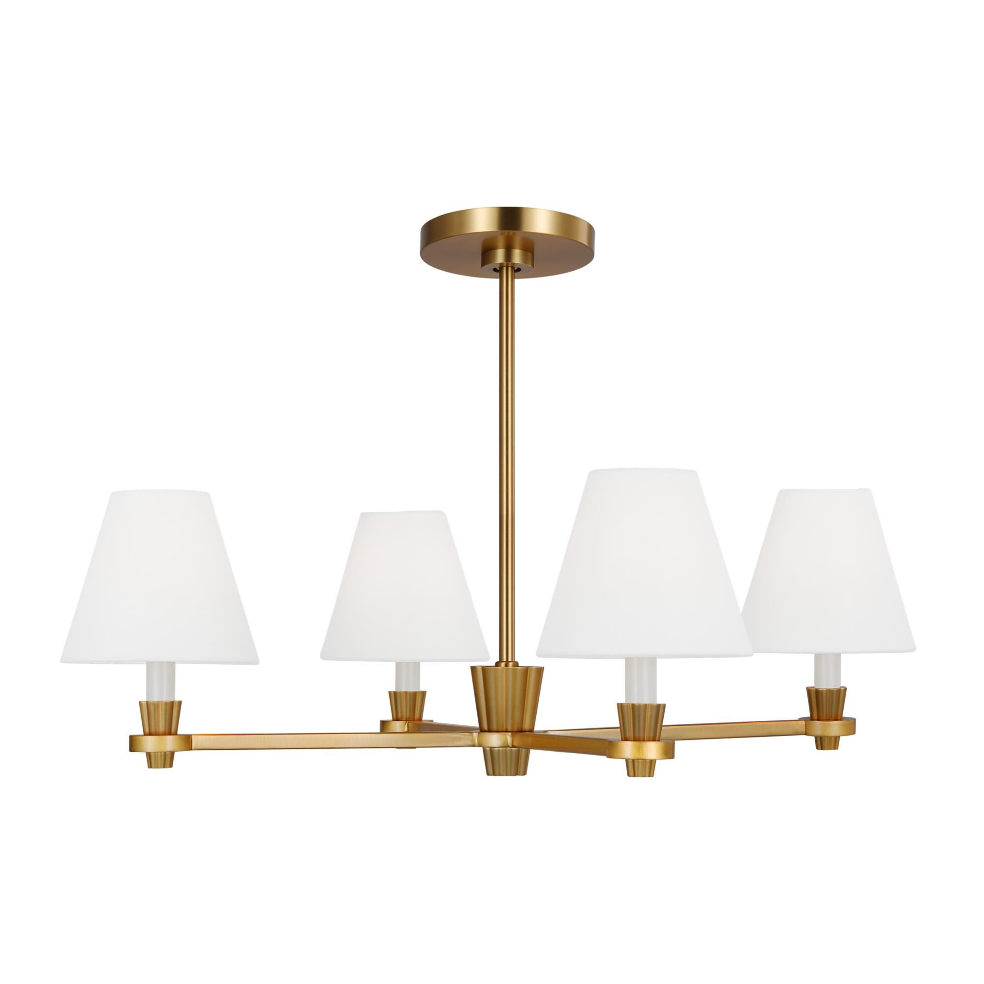 Shown in Burnished Brass finish and White Linen Fabric s shade