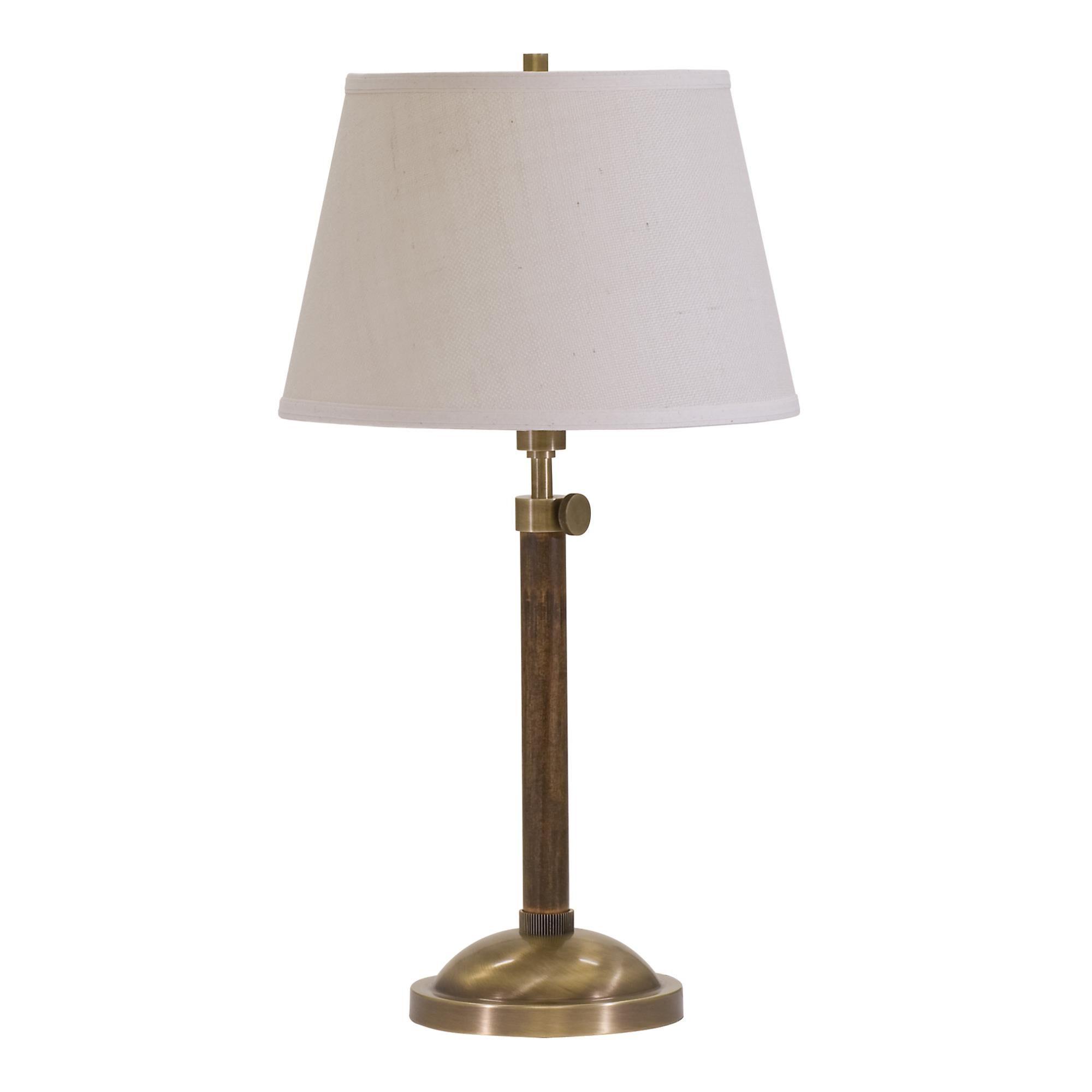 Shown in Antique Brass finish and White Burlap Hardback shade