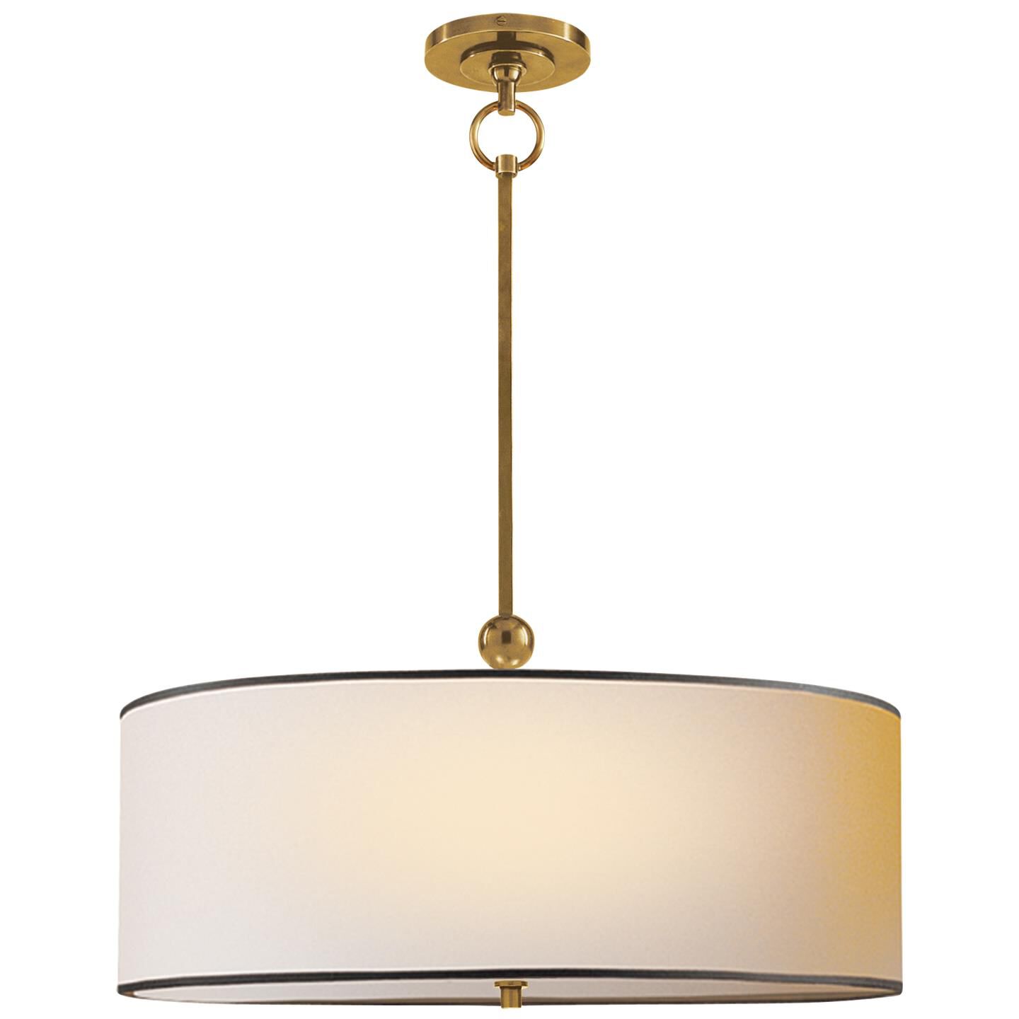 Shown in Hand-Rubbed Antique Brass finish and Natural Paper With Black Trim shade 