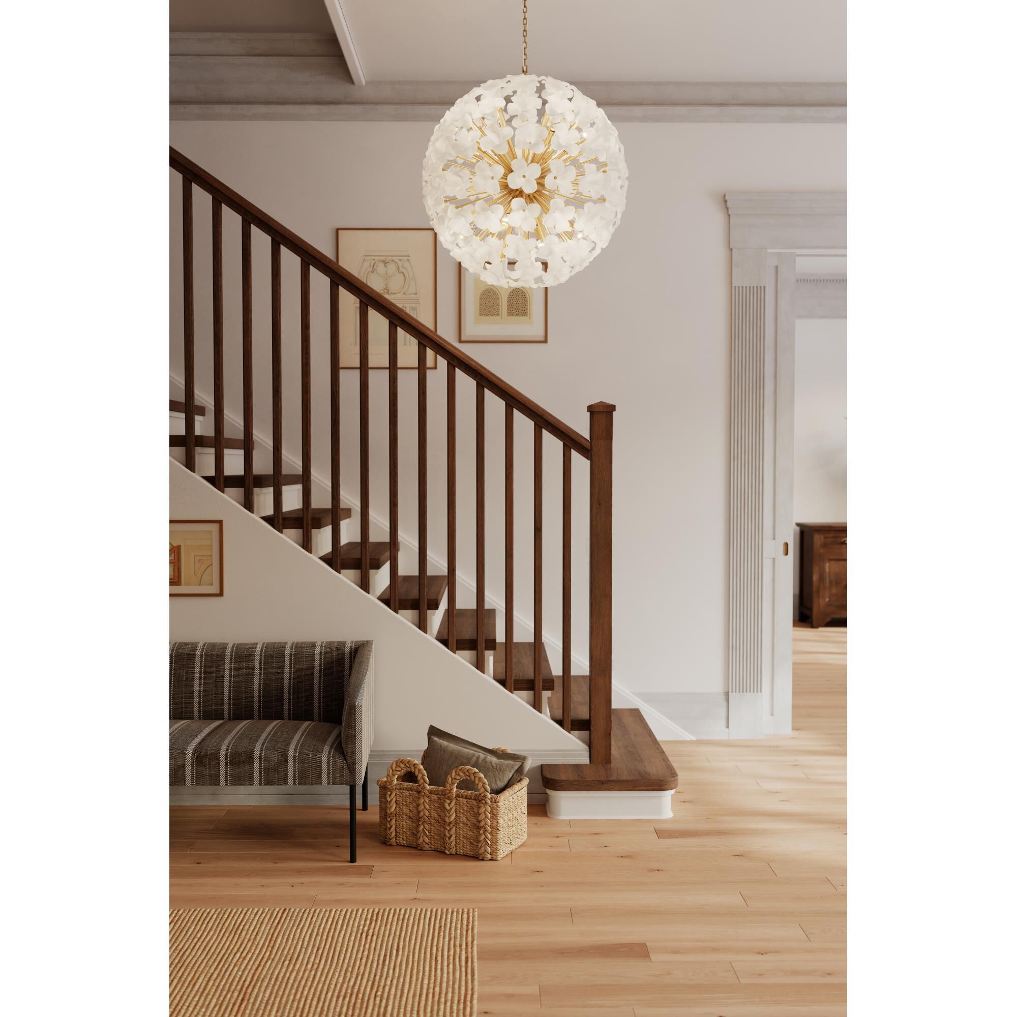 Shown in Legacy Brass finish and White Swirl glass