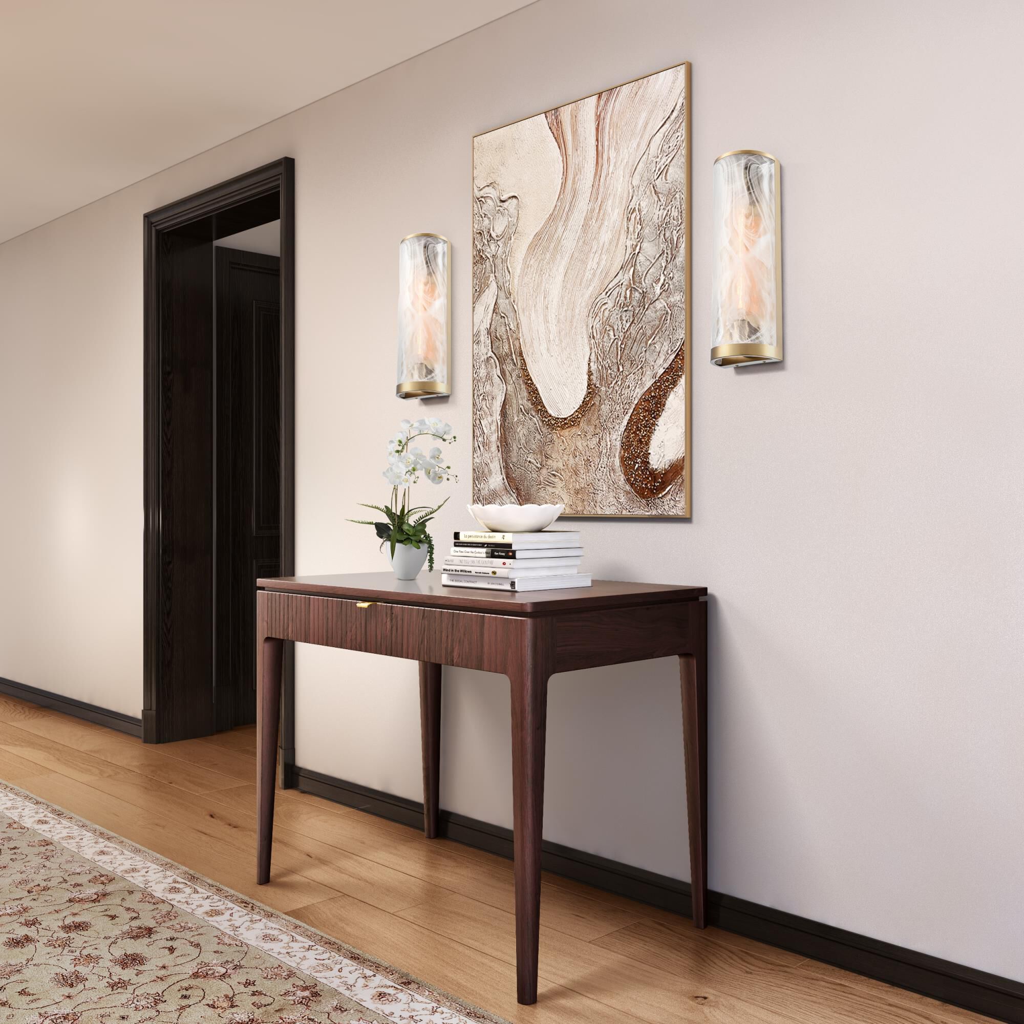 Shown in Brass finish and Clear Alabaster glass