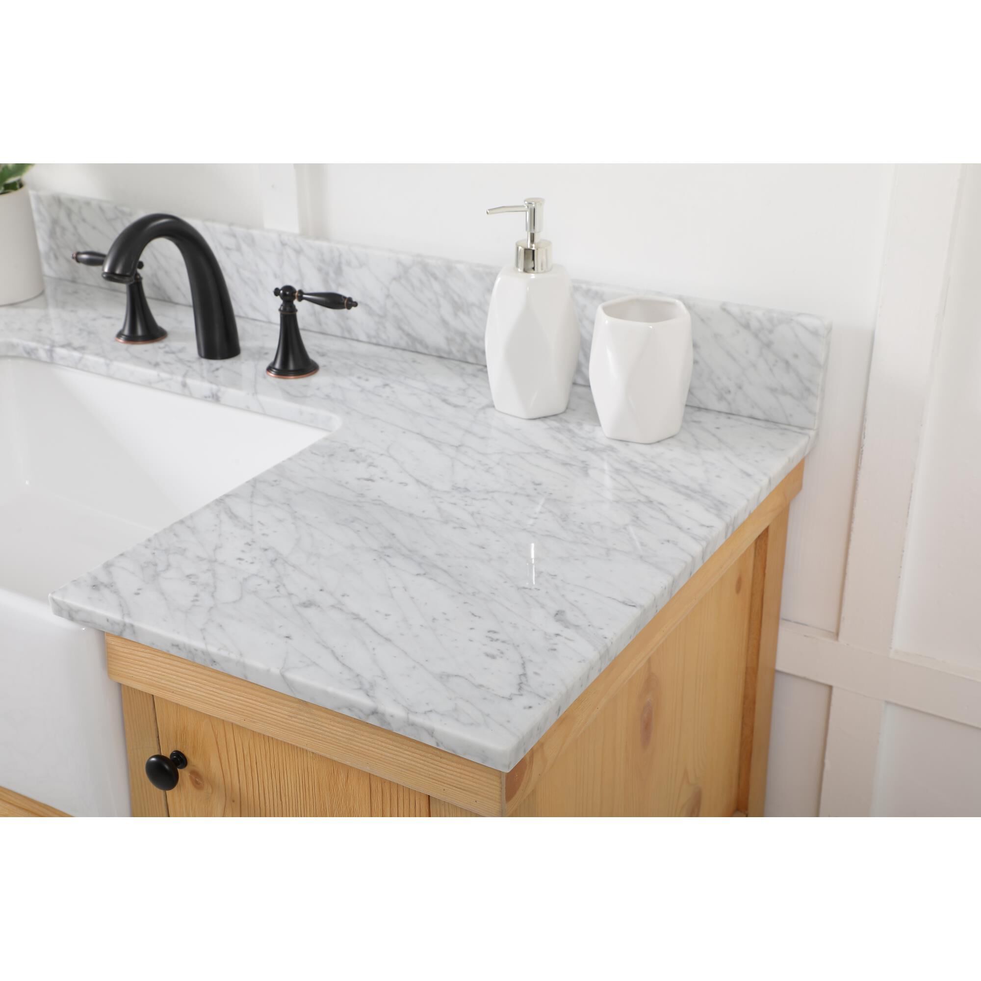 Shown in Natural Wood finish and With Backsplash accent