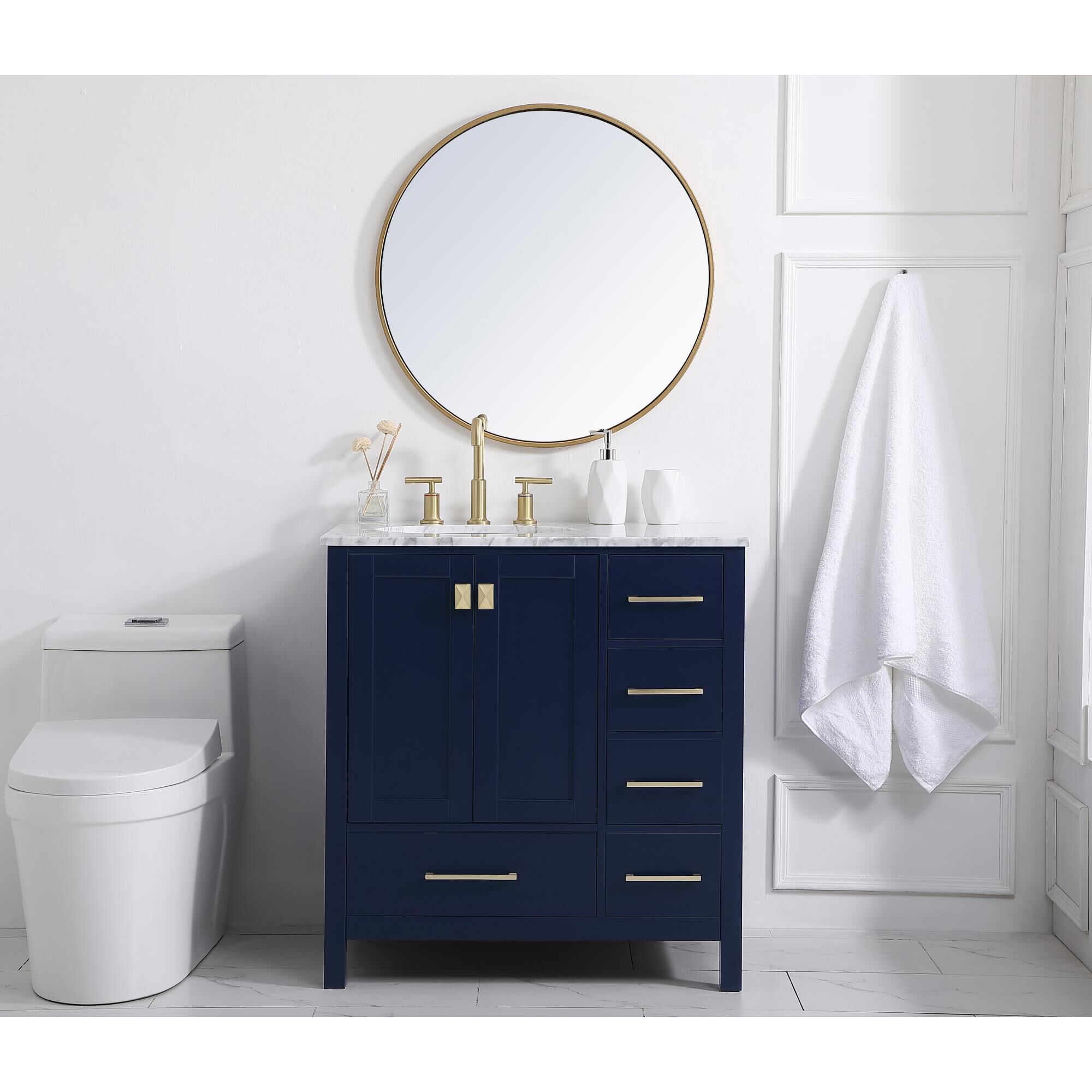 Shown in Blue And Gold With Carrara White Marble finish