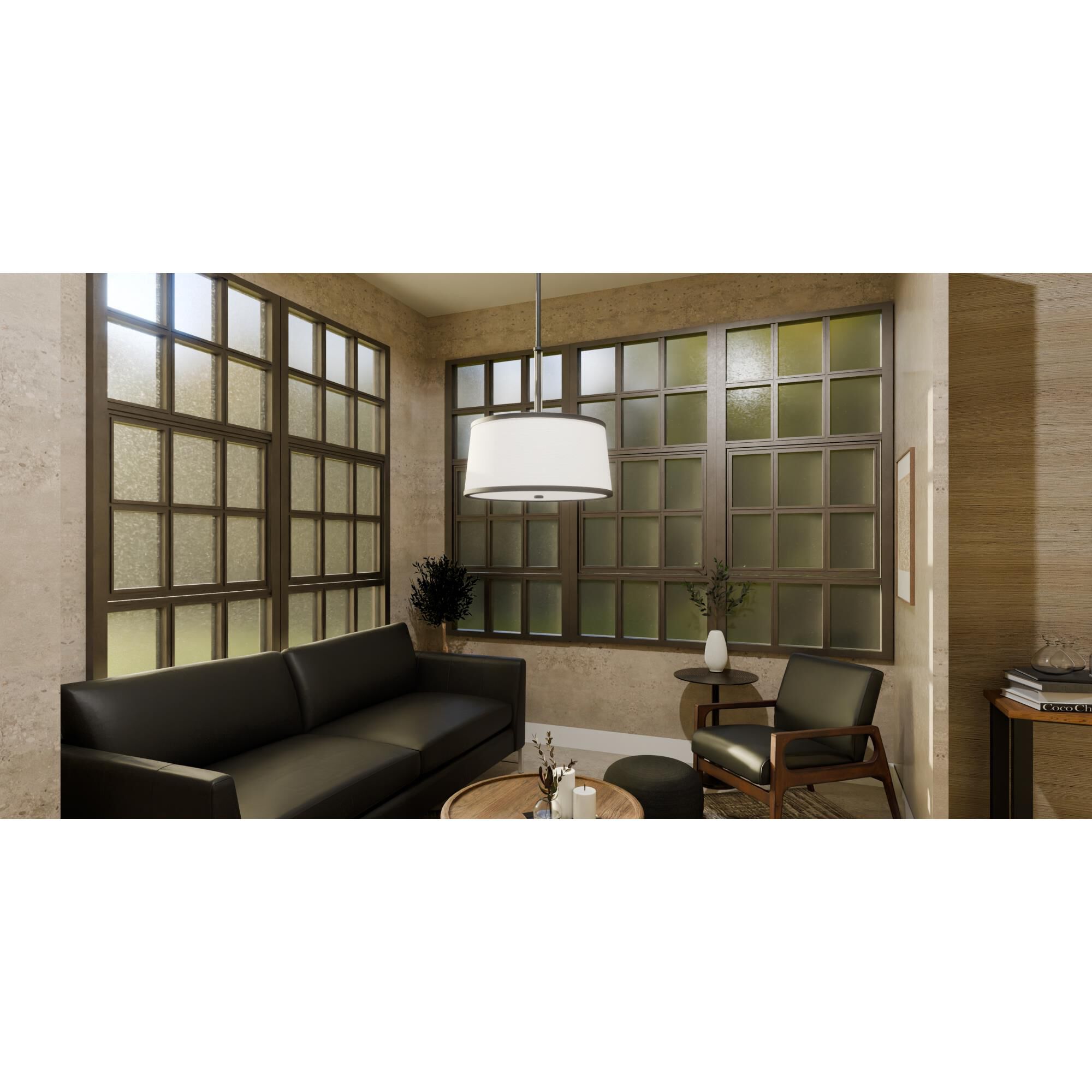 Shown in Matte Black finish and Egg Shell Fabric shade