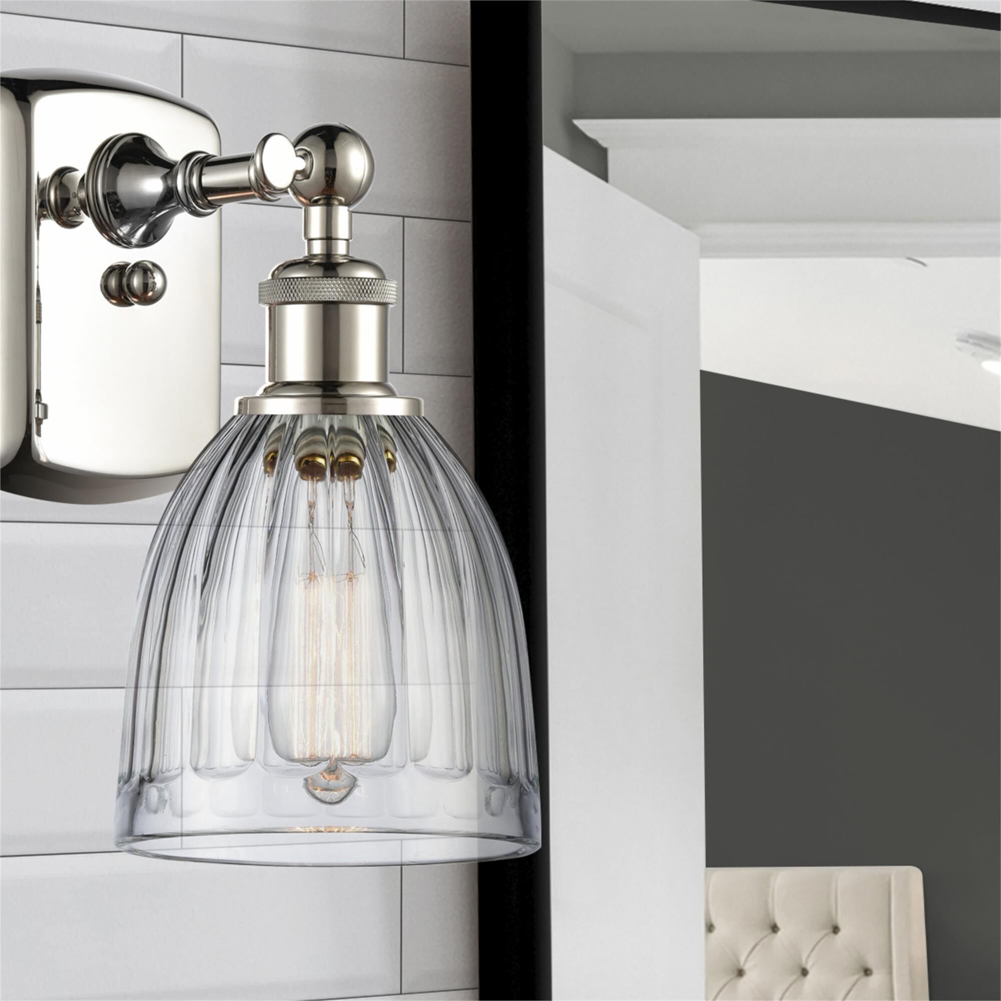 Shown in Polished Nickel finish and Drum glass and Glass shade