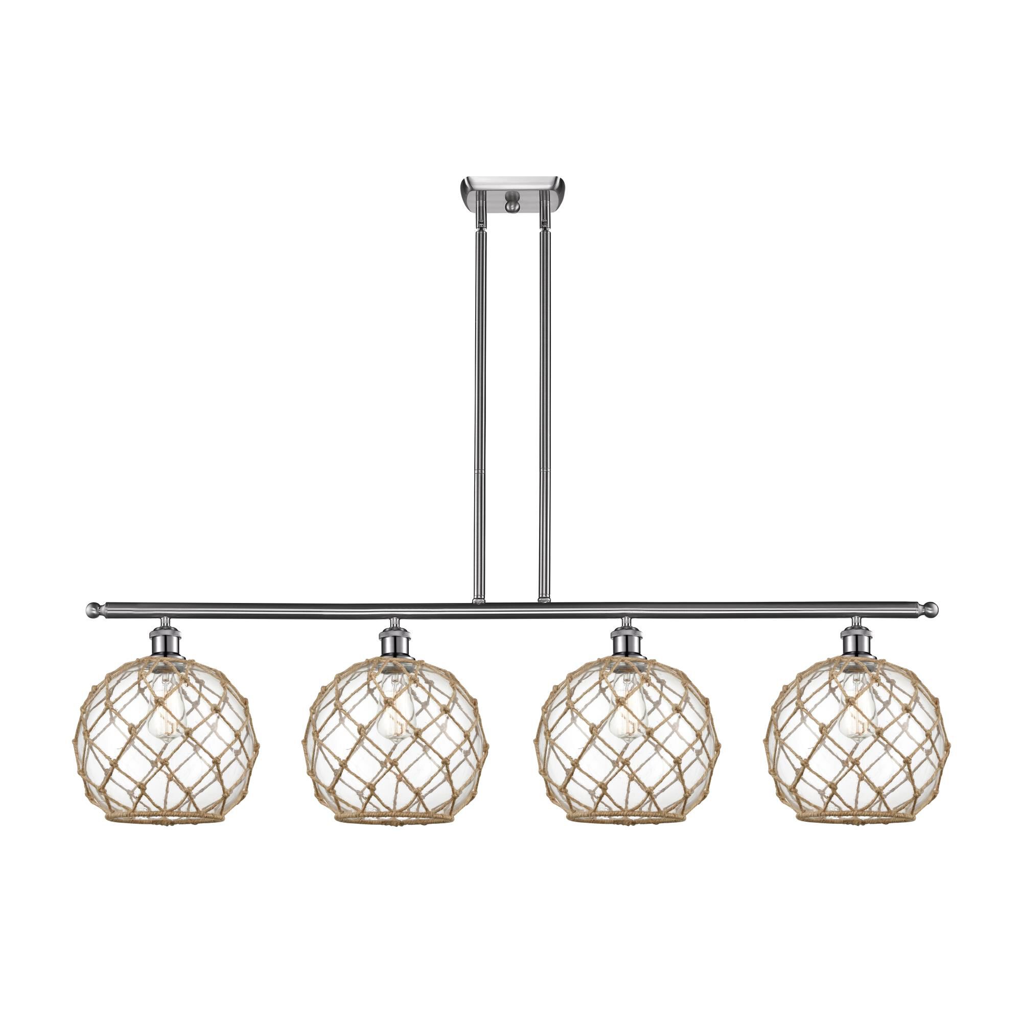 Shown in Brushed Satin Nickel finish and Sphere glass and Glass And Rope shade