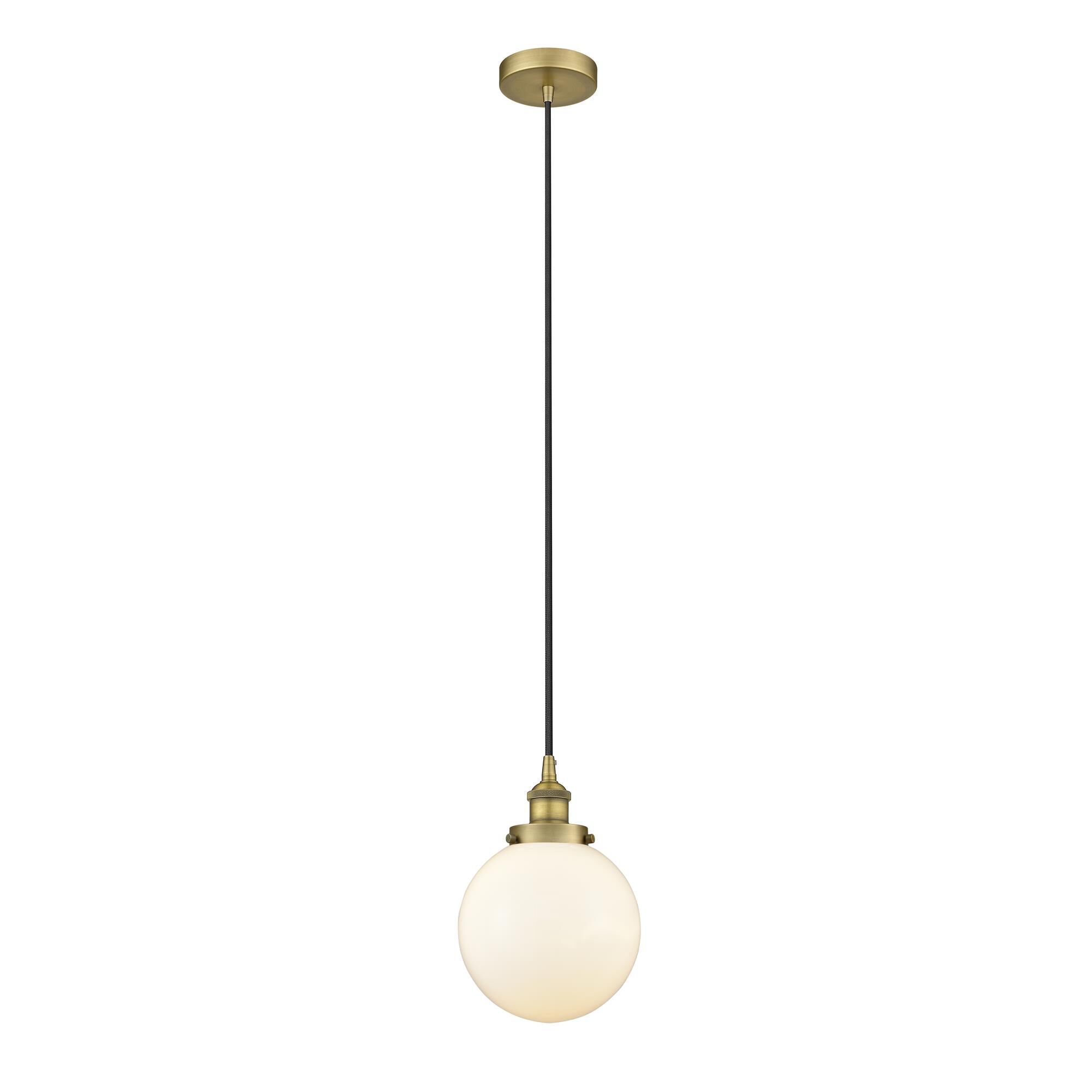 Shown in Brushed Brass finish and Matte White Cased Beacon glass