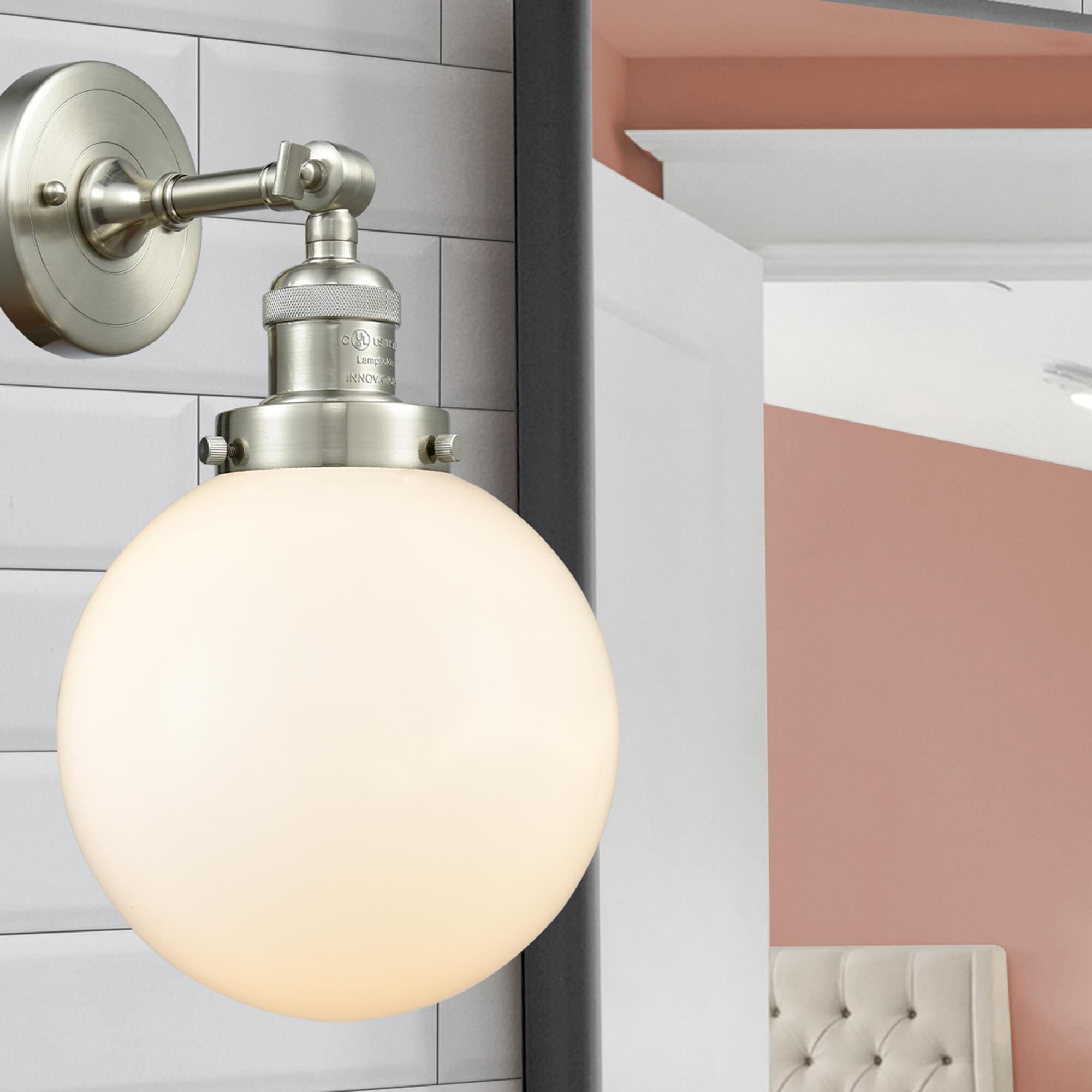 Shown in Brushed Satin Nickel finish and Matte White Cased glass and No Accent accent