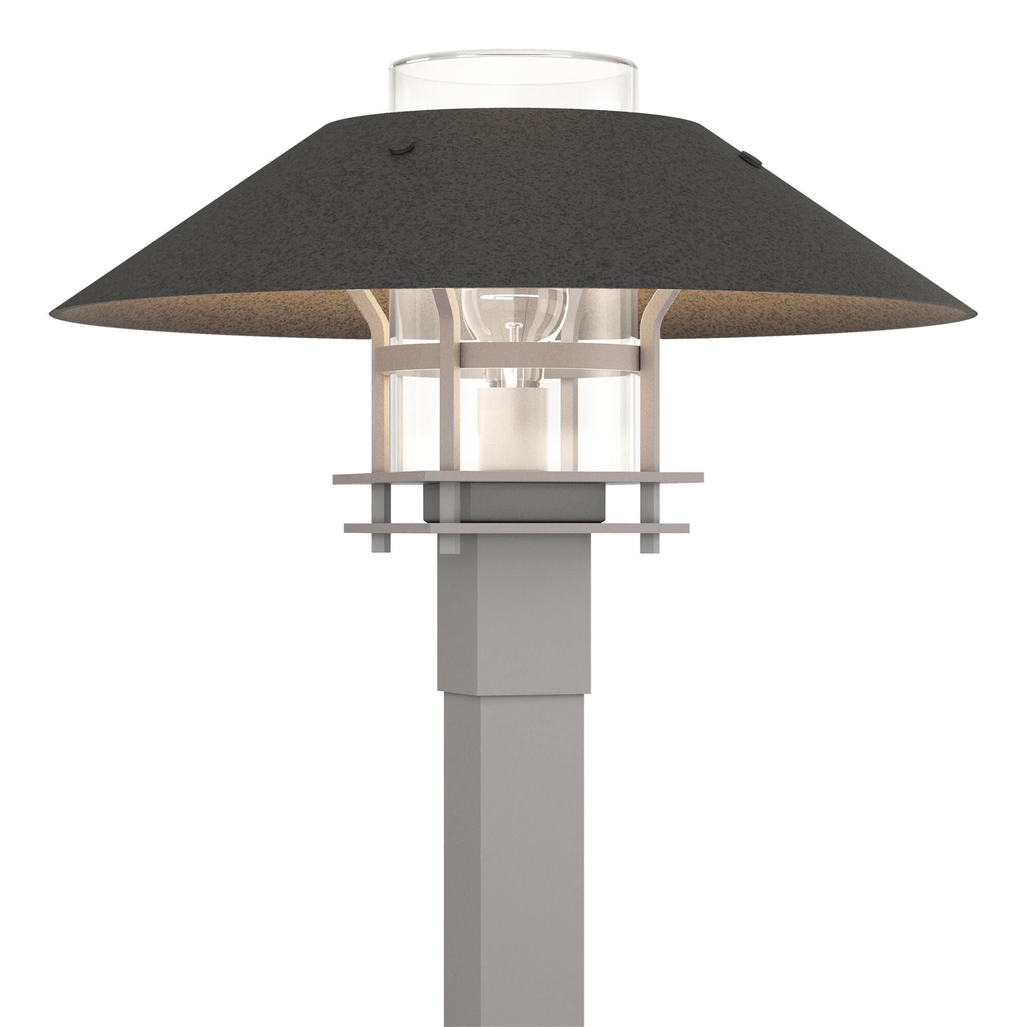 Shown in Coastal Burnished Steel finish and Clear glass and Natural Iron accent
