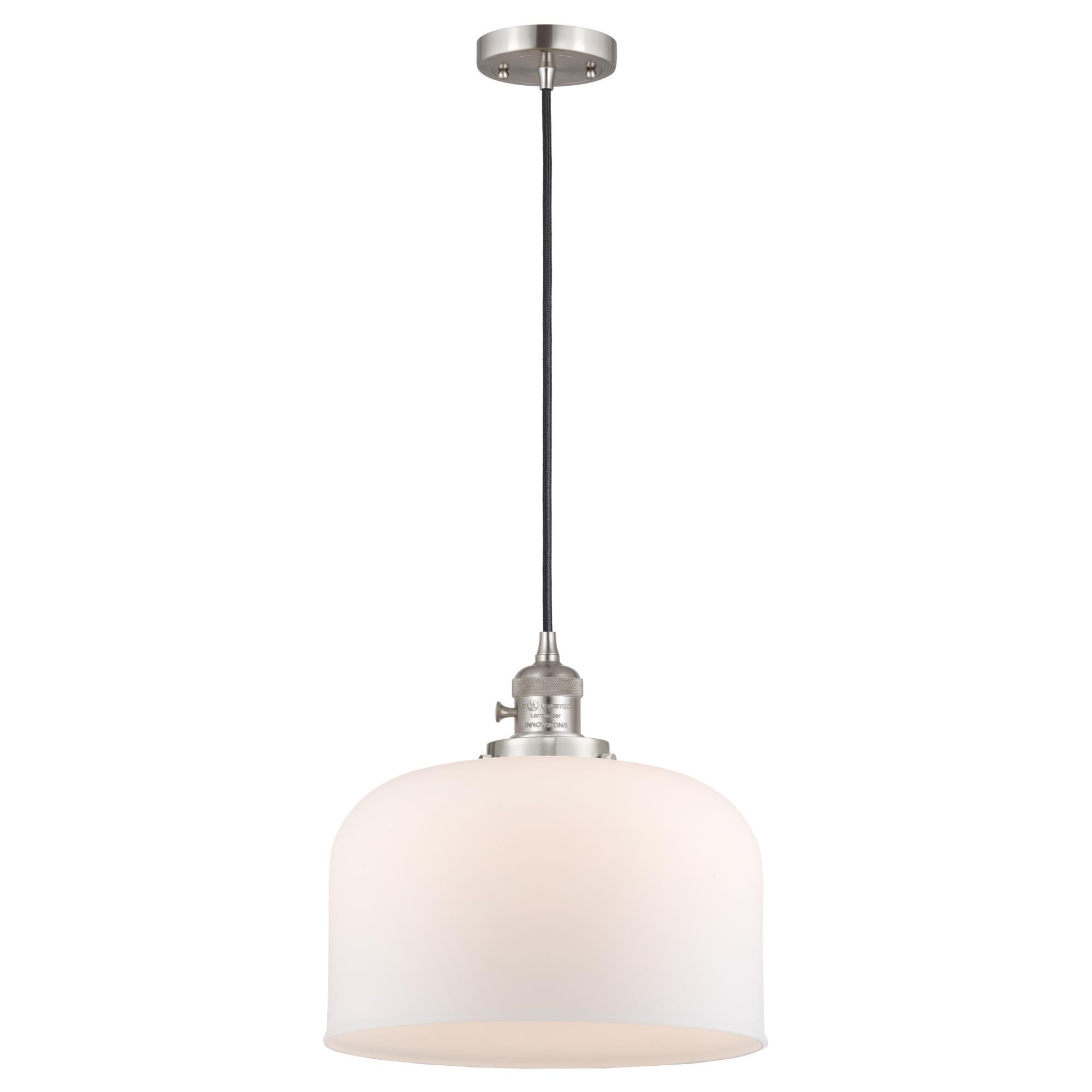 Shown in Brushed Satin Nickel finish and Matte White Cased glass